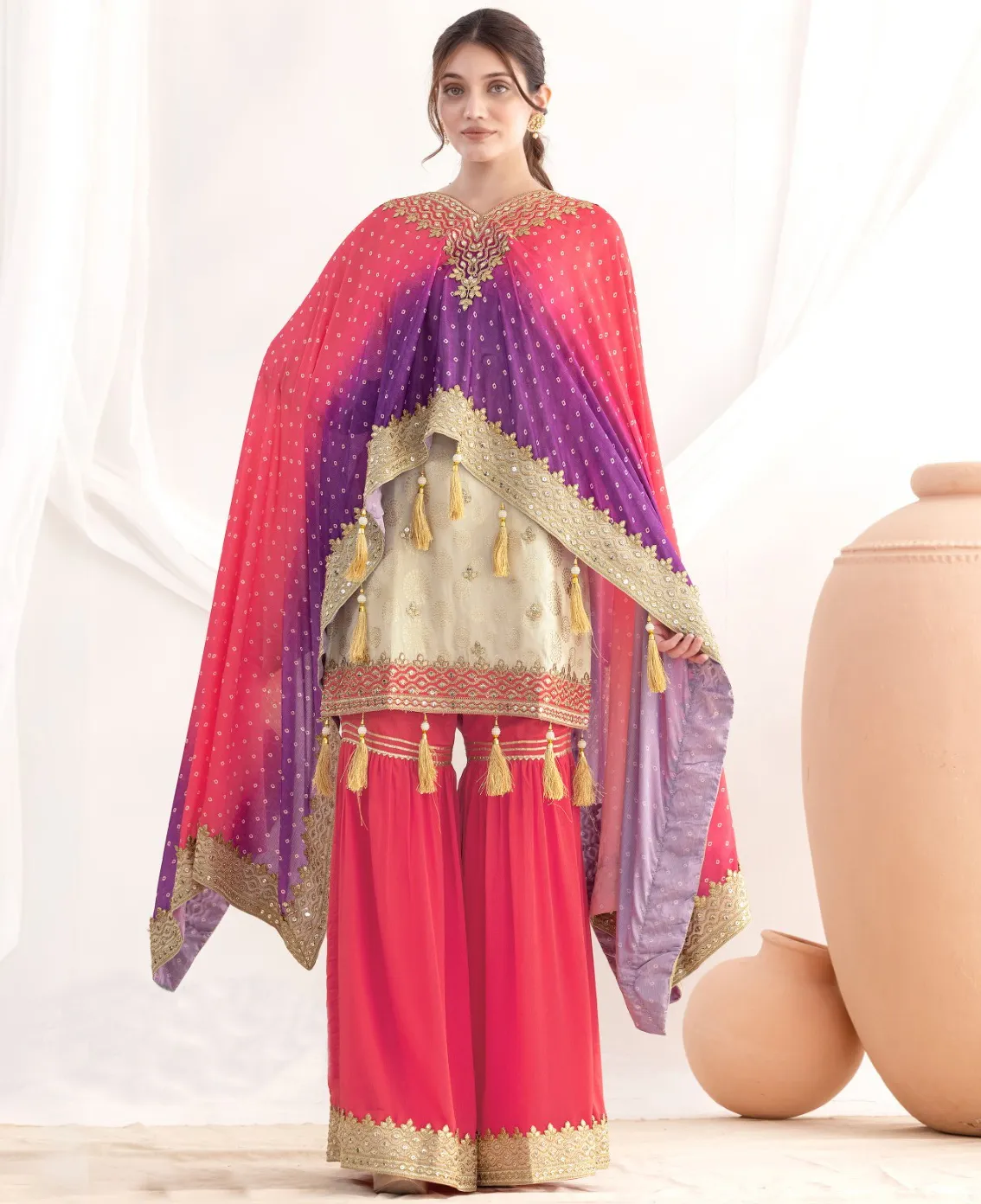 Beige Viscose Shimmer Jacquard Embroidered Readymade Suit