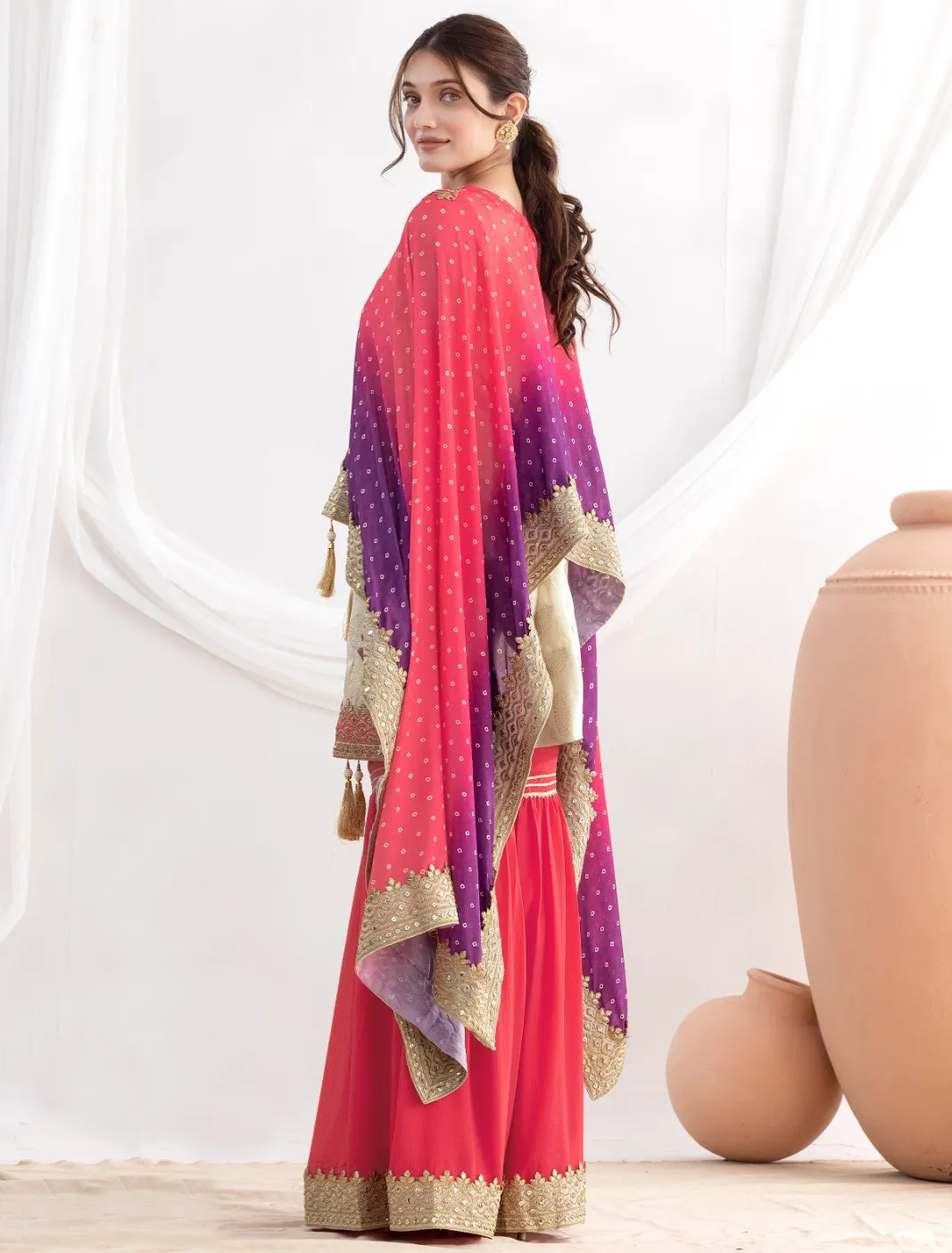 Beige Viscose Shimmer Jacquard Embroidered Readymade Suit - Image 2