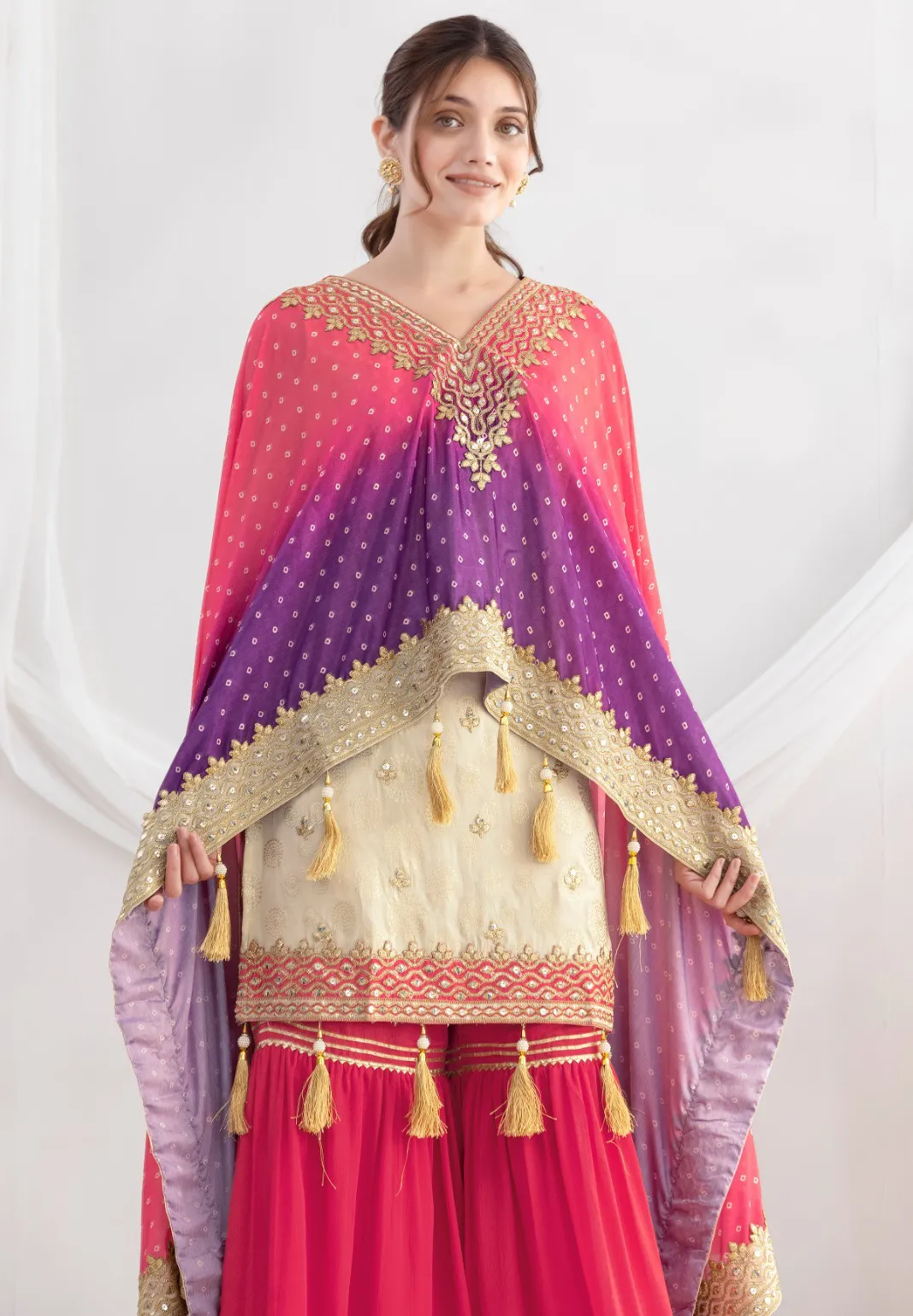 Beige Viscose Shimmer Jacquard Embroidered Readymade Suit - Image 3