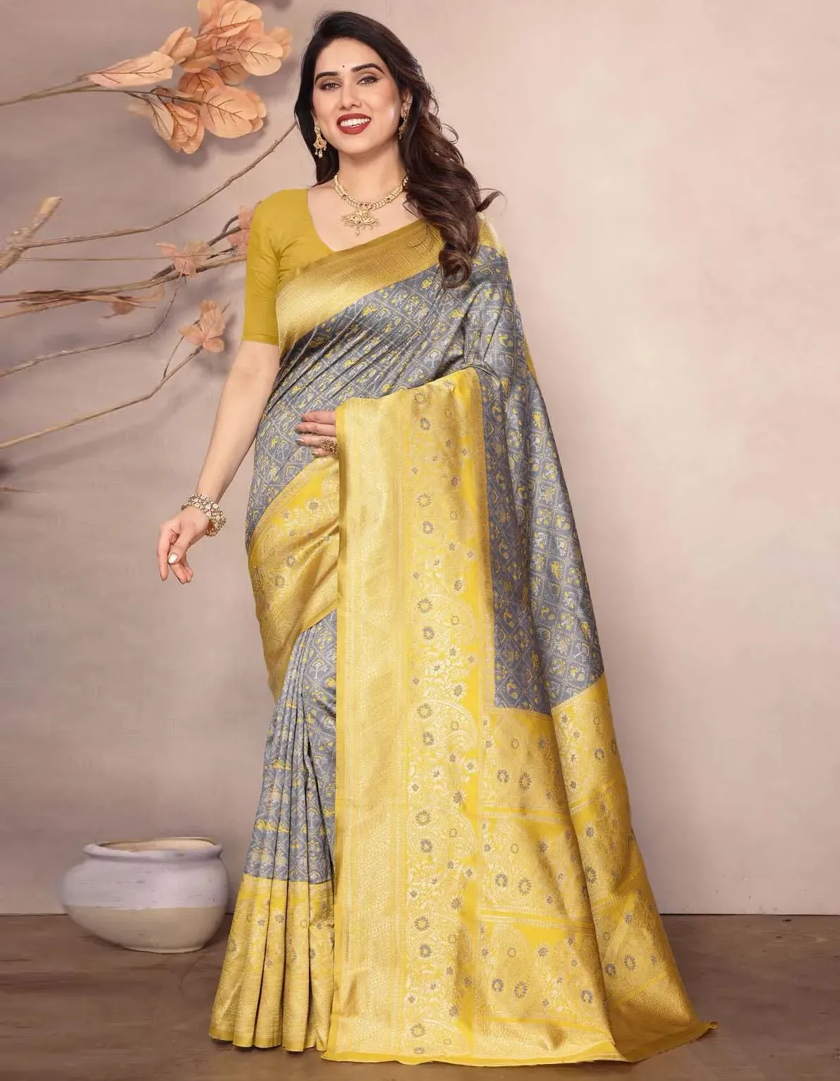 Grey Soft Lichi Silk Jacquard Work Saree
