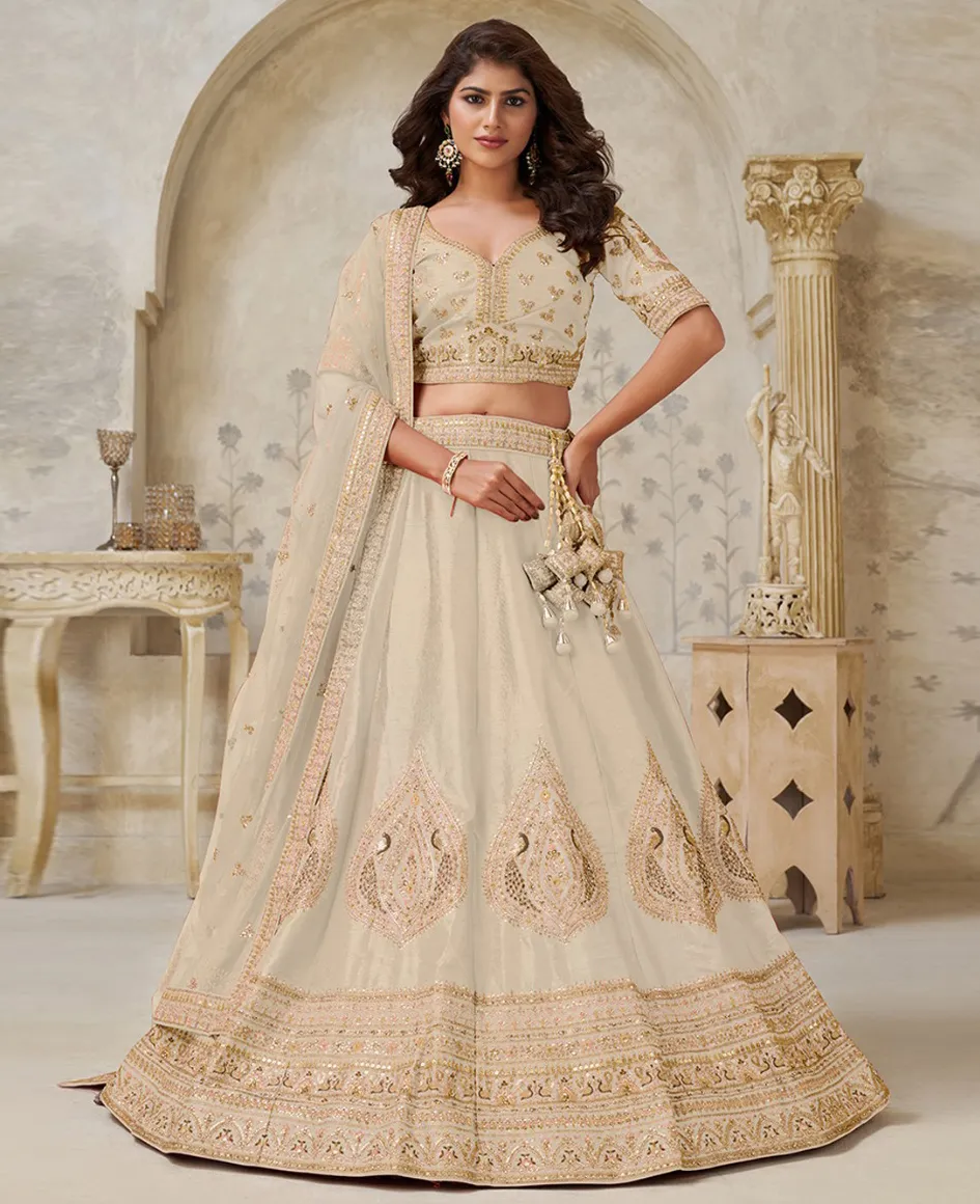 Cream Silk Leaf Embroidered Designer Lehenga
