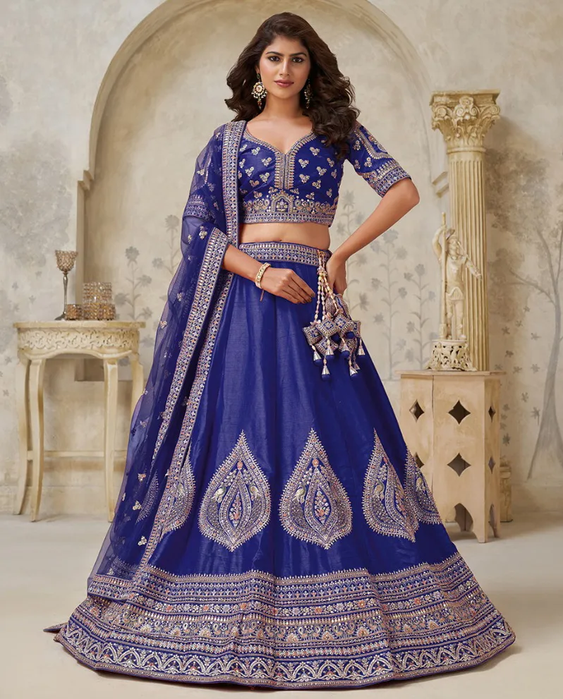 Royal Blue Silk Leaf Embroidered Designer Lehenga