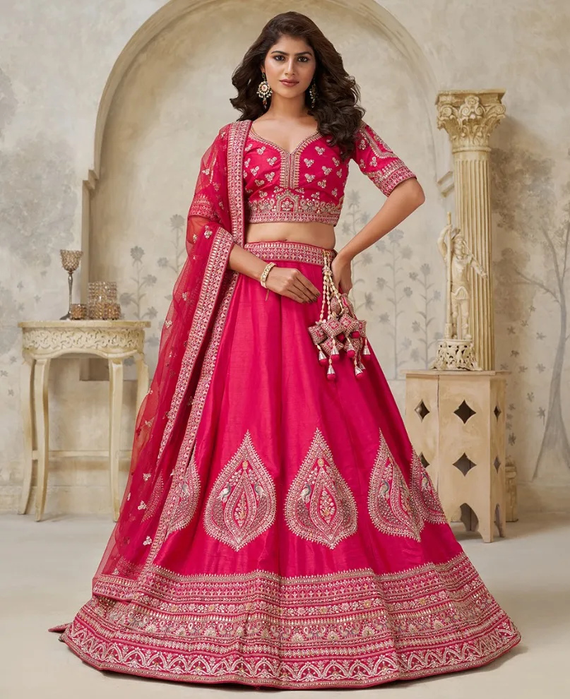 Pink Silk Leaf Embroidered Designer Lehenga