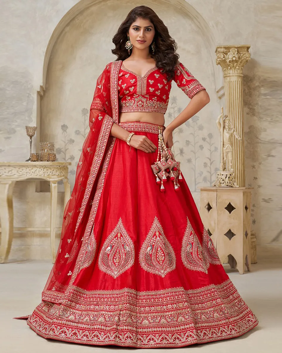 Red Silk Leaf Embroidered Designer Lehenga