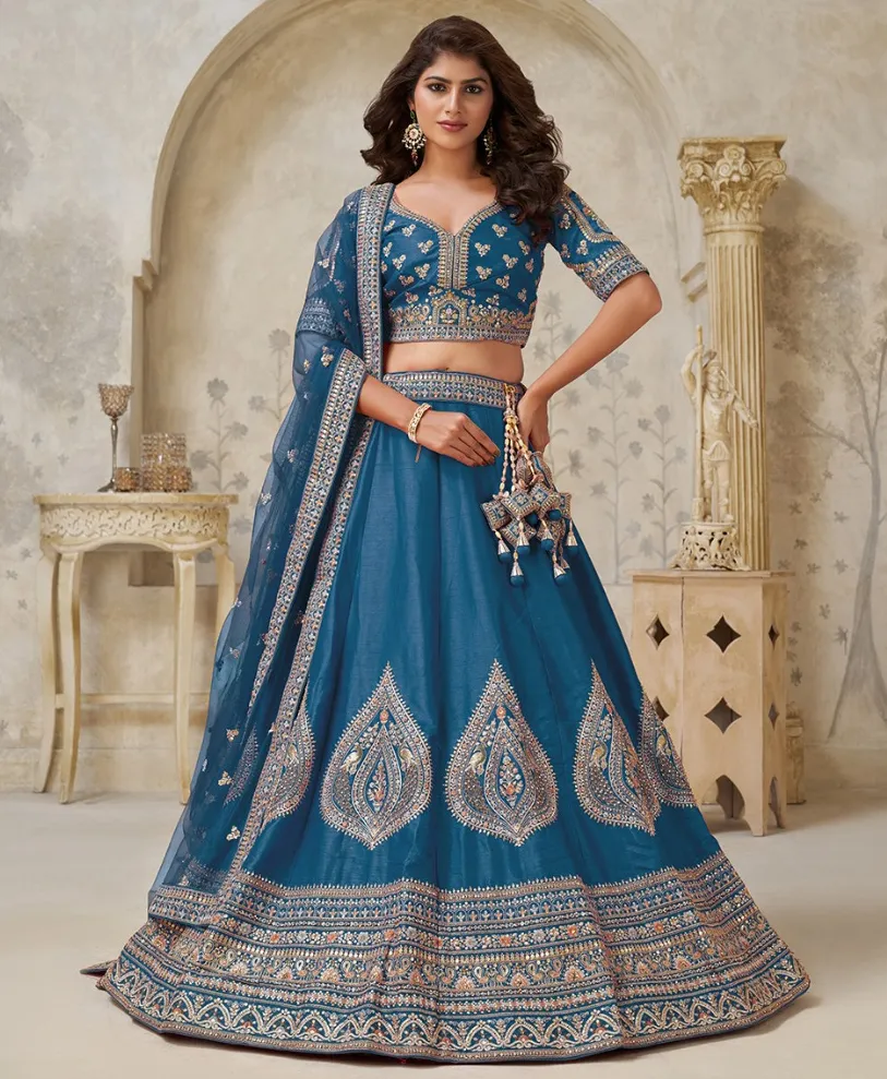 Teal Blue Silk Leaf Embroidered Designer Lehenga