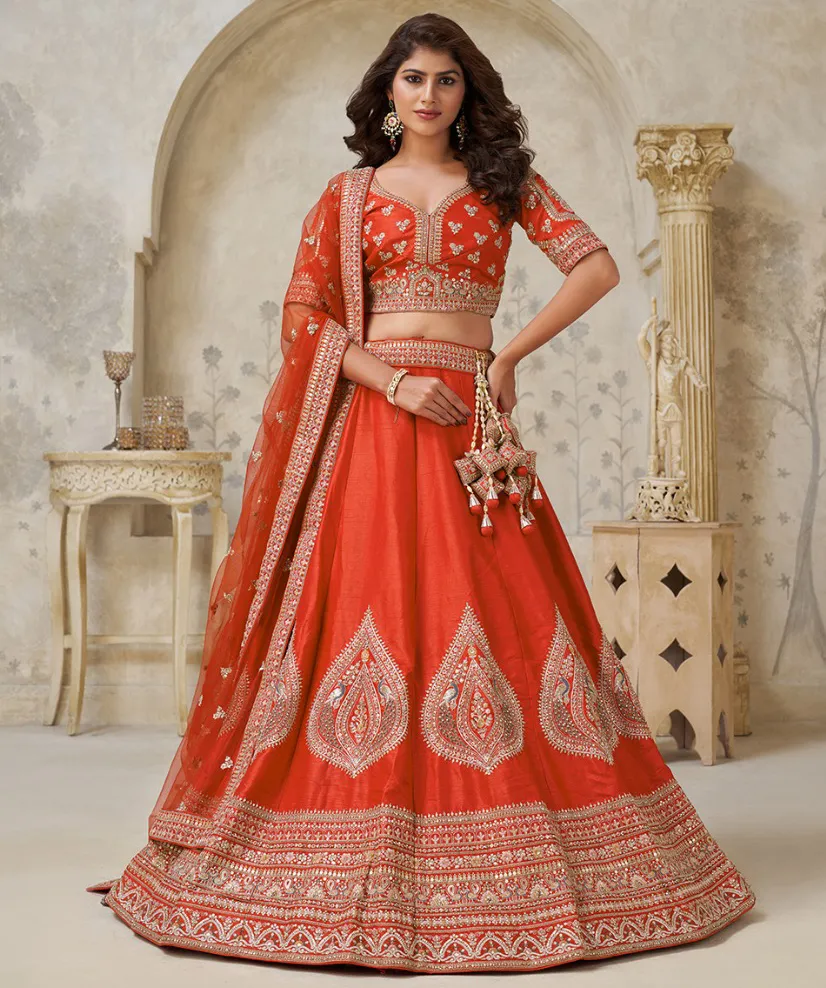 Orange Silk Leaf Embroidered Designer Lehenga