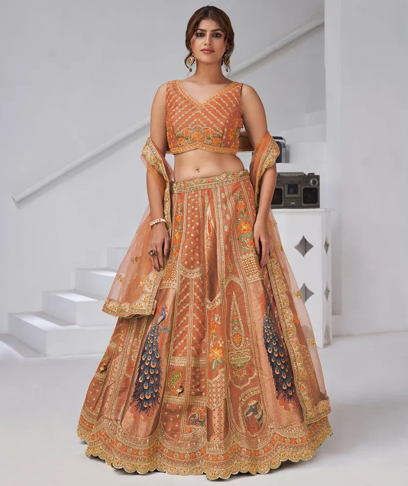 Orange Banarasi Silk Heavy Work Bridal Lehenga