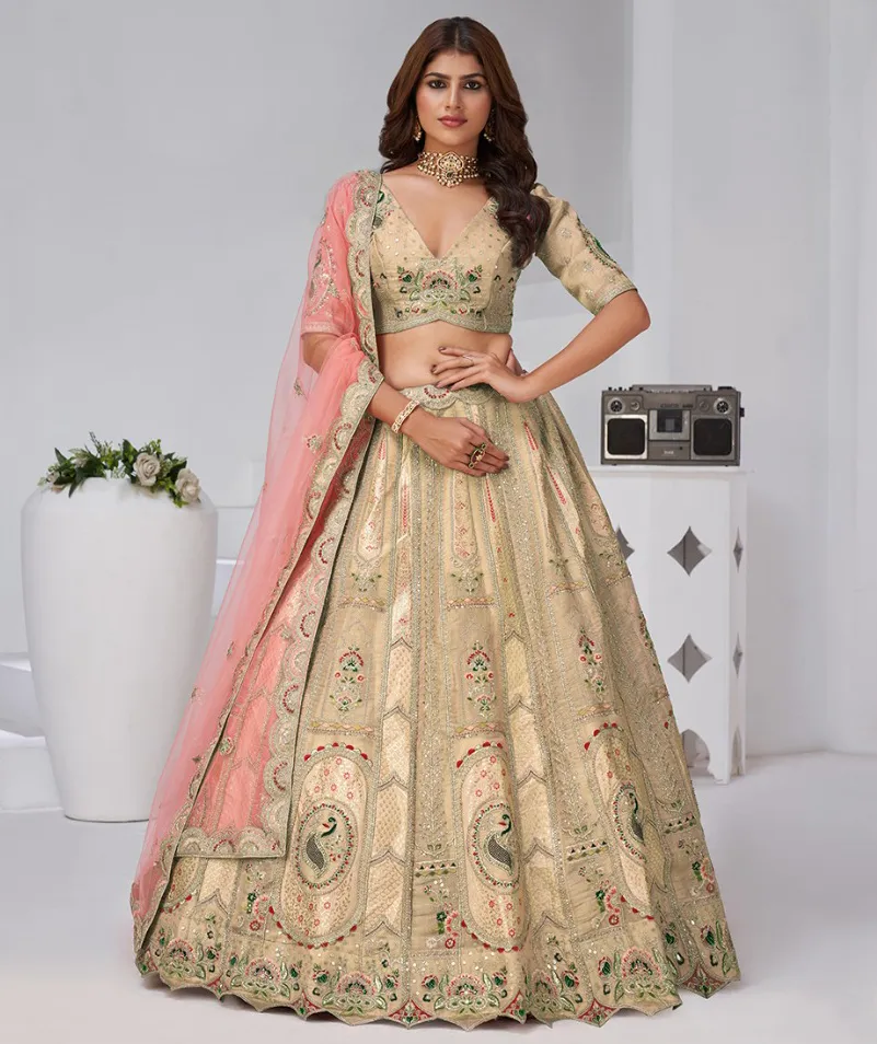 Beige Banarasi Silk Heavy Work Bridal Lehenga