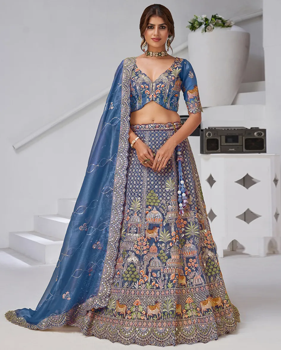 Dusty Blue Organza Tissue Motifs Work Designer Bridal Lehenga