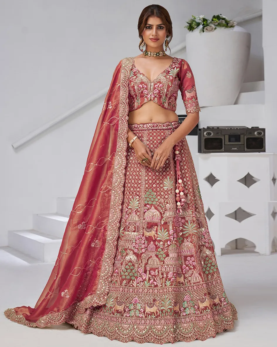Red Organza Tissue Motifs Work Designer Bridal Lehenga