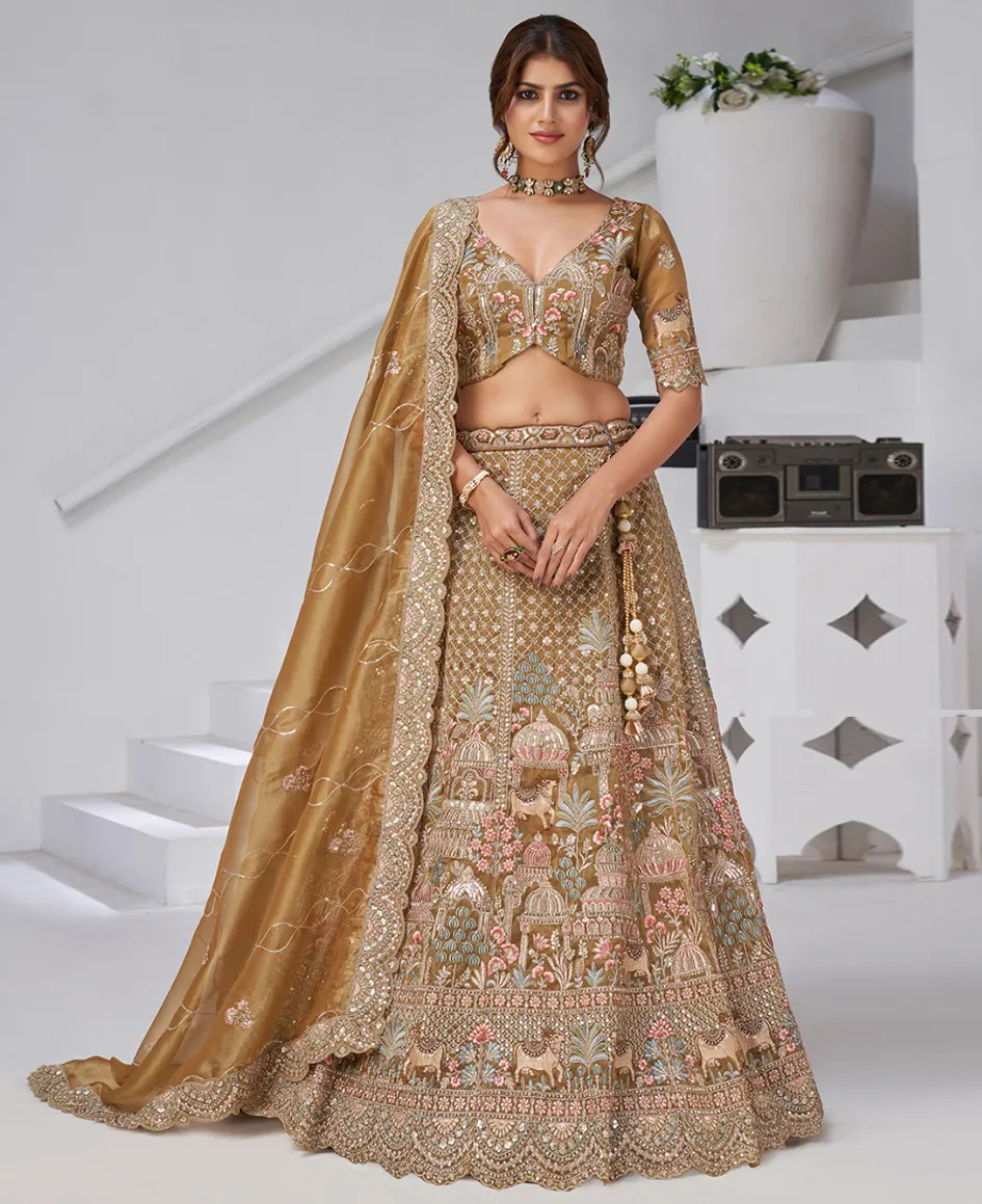 Mustard Yellow Organza Tissue Motifs Work Designer Bridal Lehenga