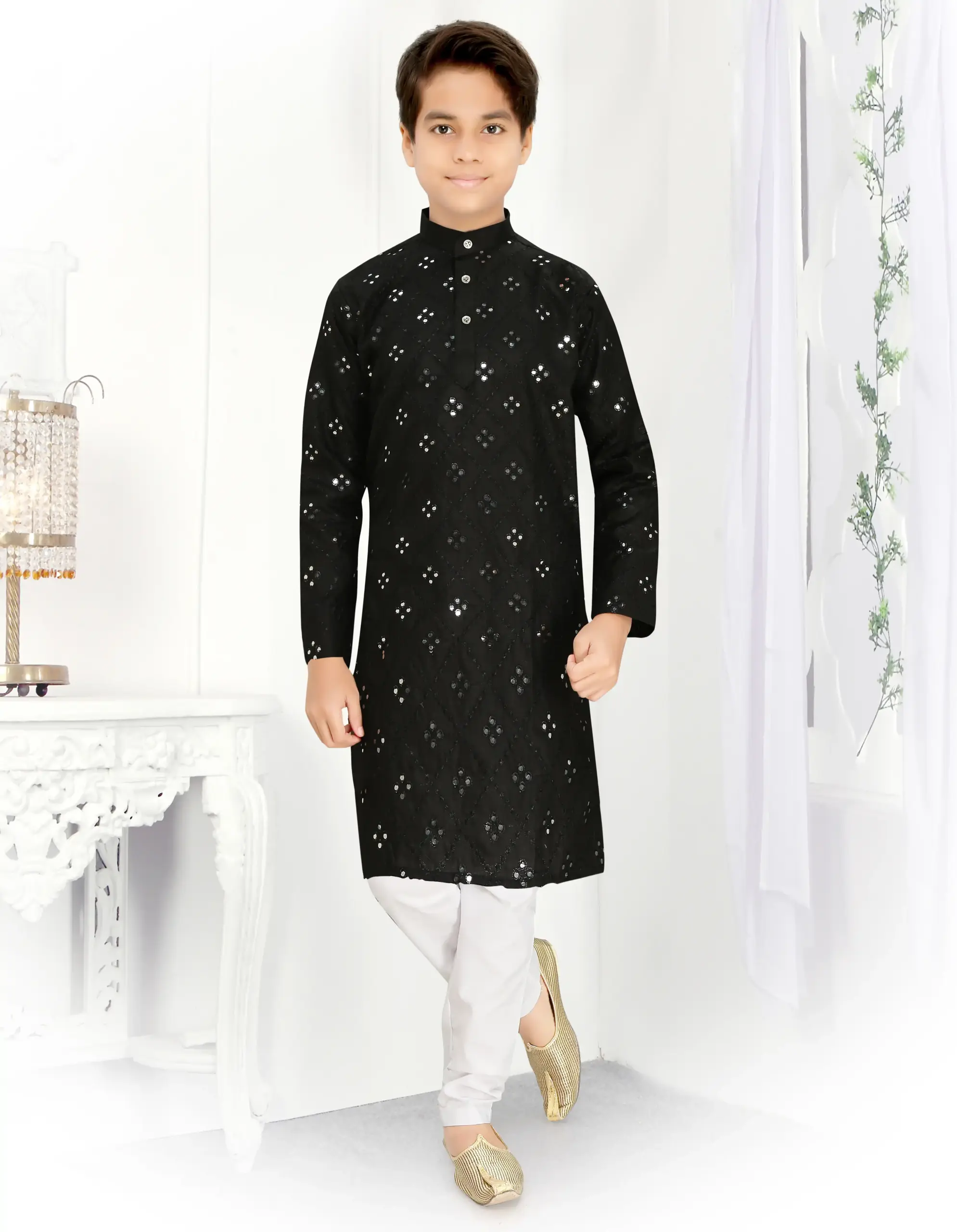 Black Cotton Blend Mirror Work Kid's Kurta Set