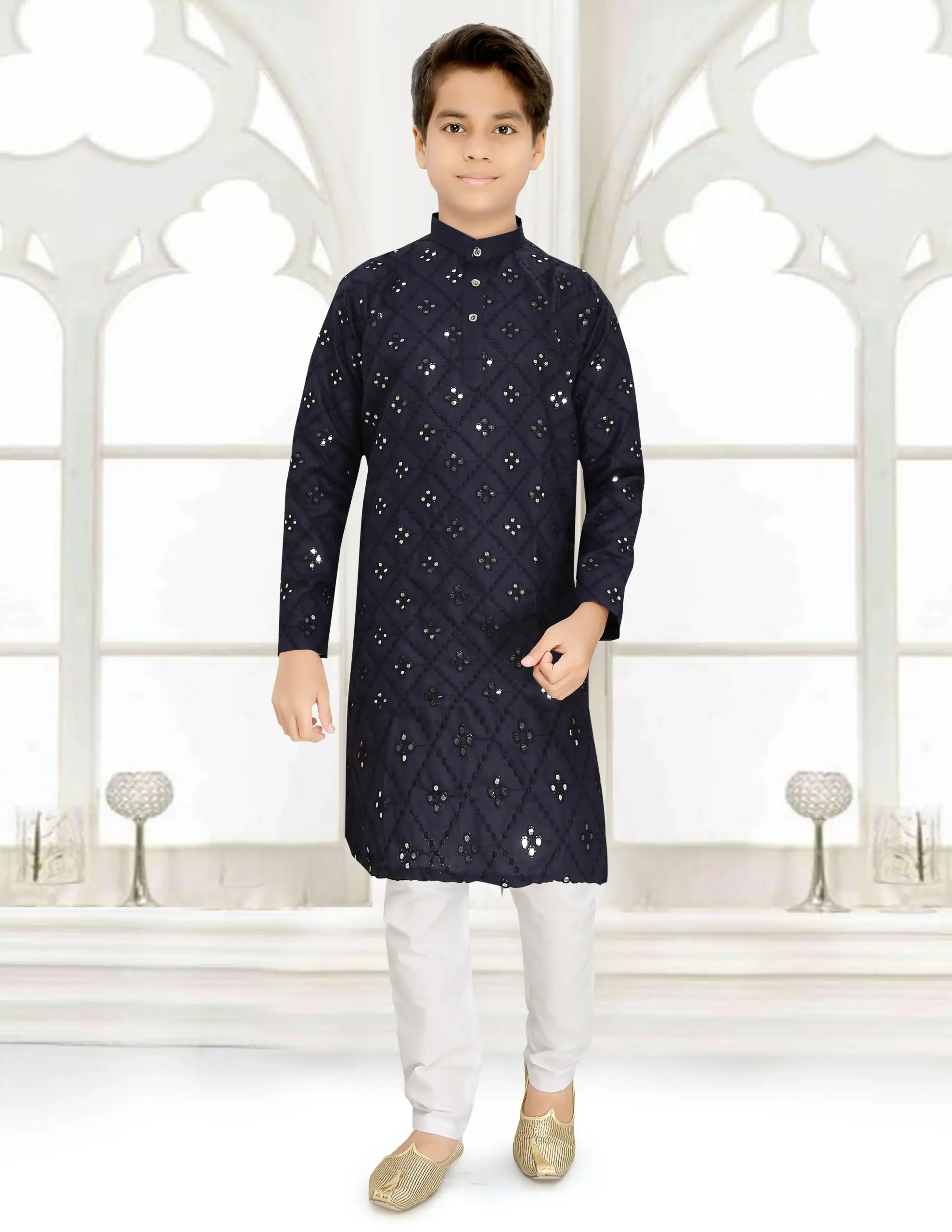 Blue Cotton Blend Mirror Work Kid's Kurta Set