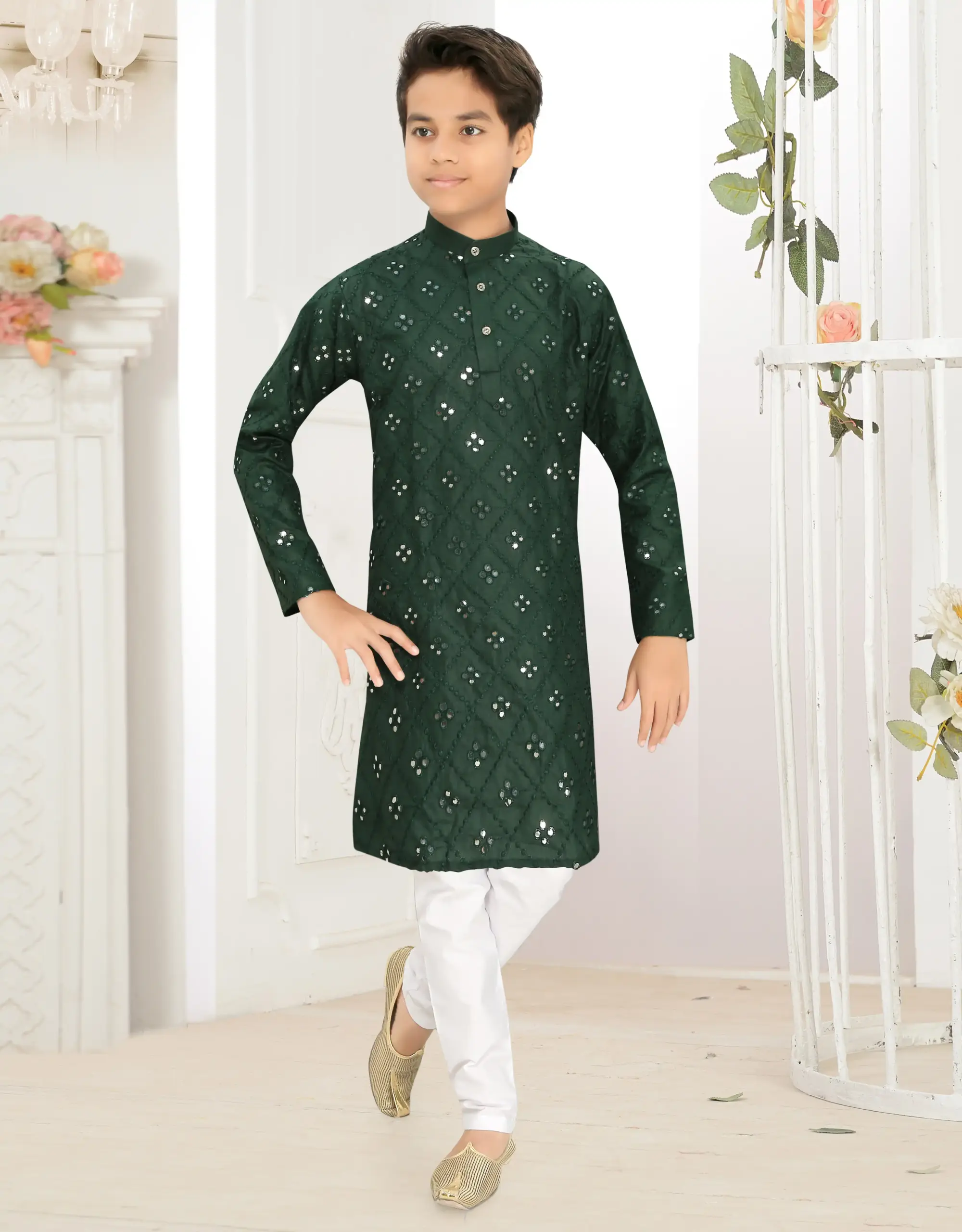 Green Cotton Blend Mirror Work Kid's Kurta Set