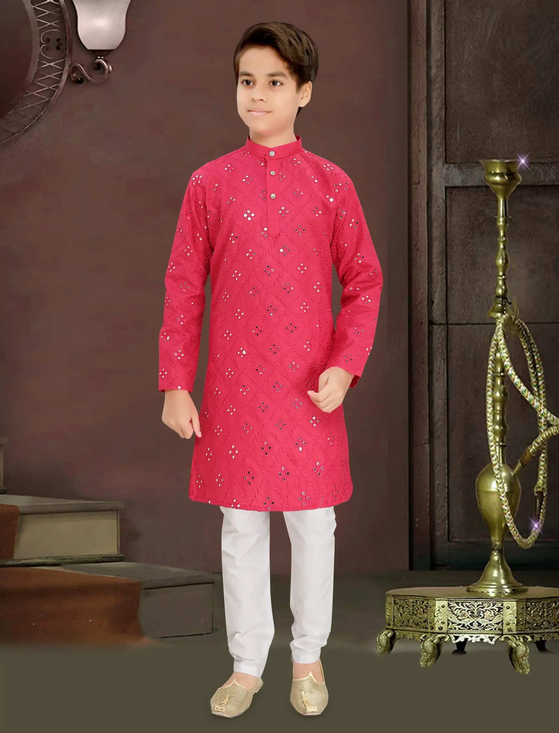 Pink Cotton Blend Mirror Work Kid's Kurta Set
