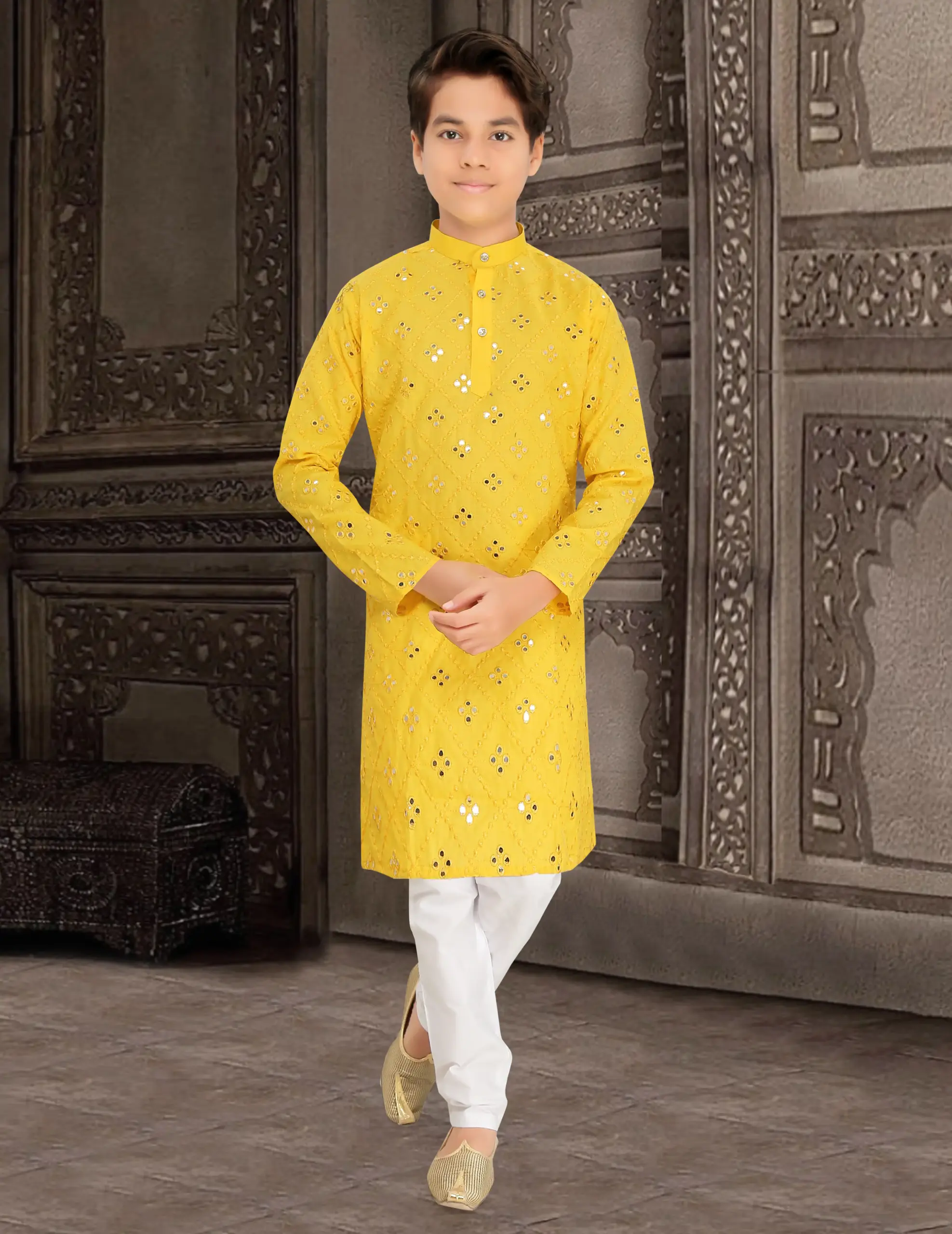 Yellow Cotton Blend Mirror Work Kid's Kurta Set