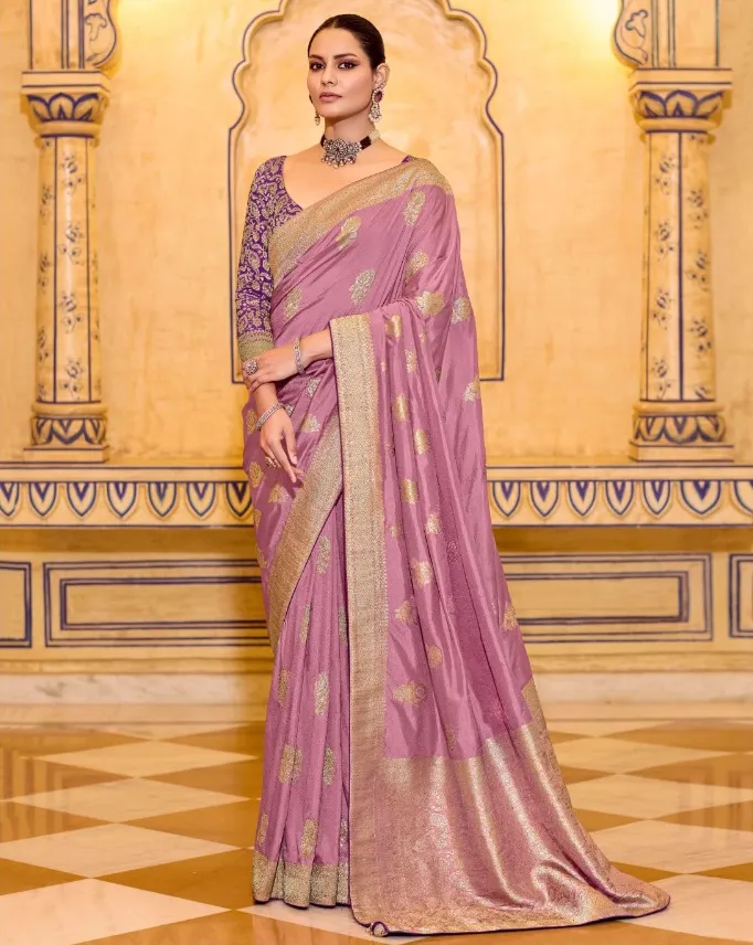 Pink Crepe Silk Zari Weaving Work Saree