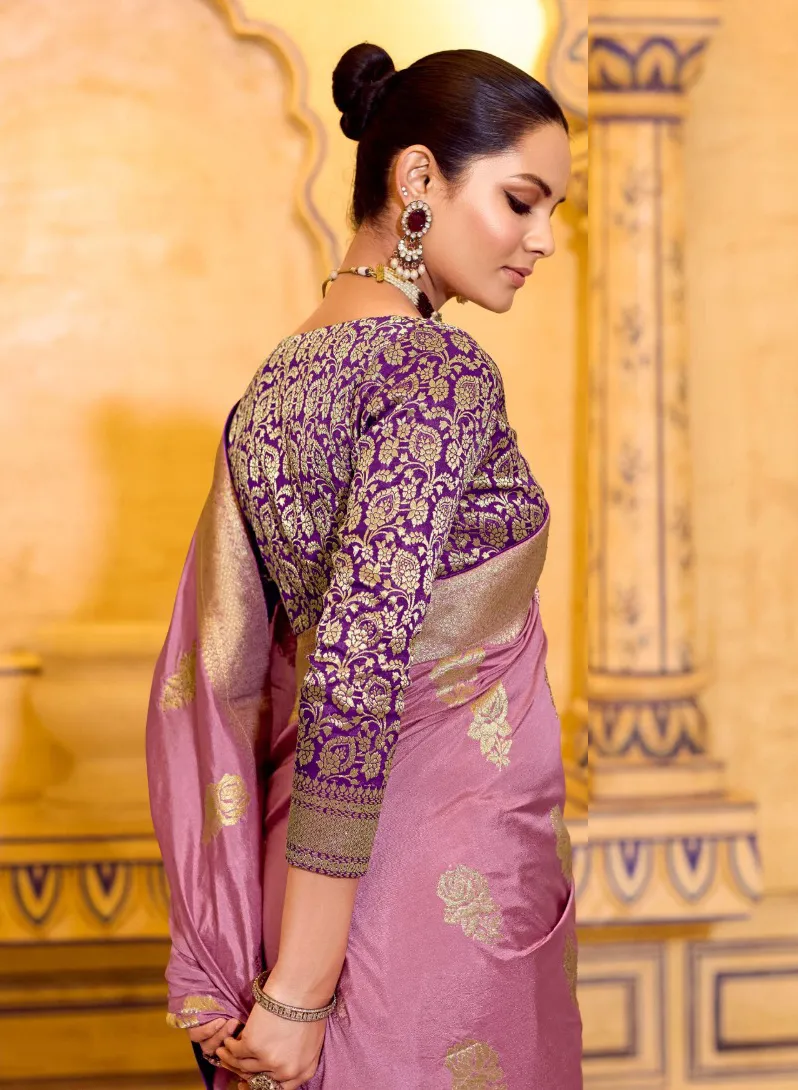 Pink Crepe Silk Zari Weaving Work Saree - Image 2