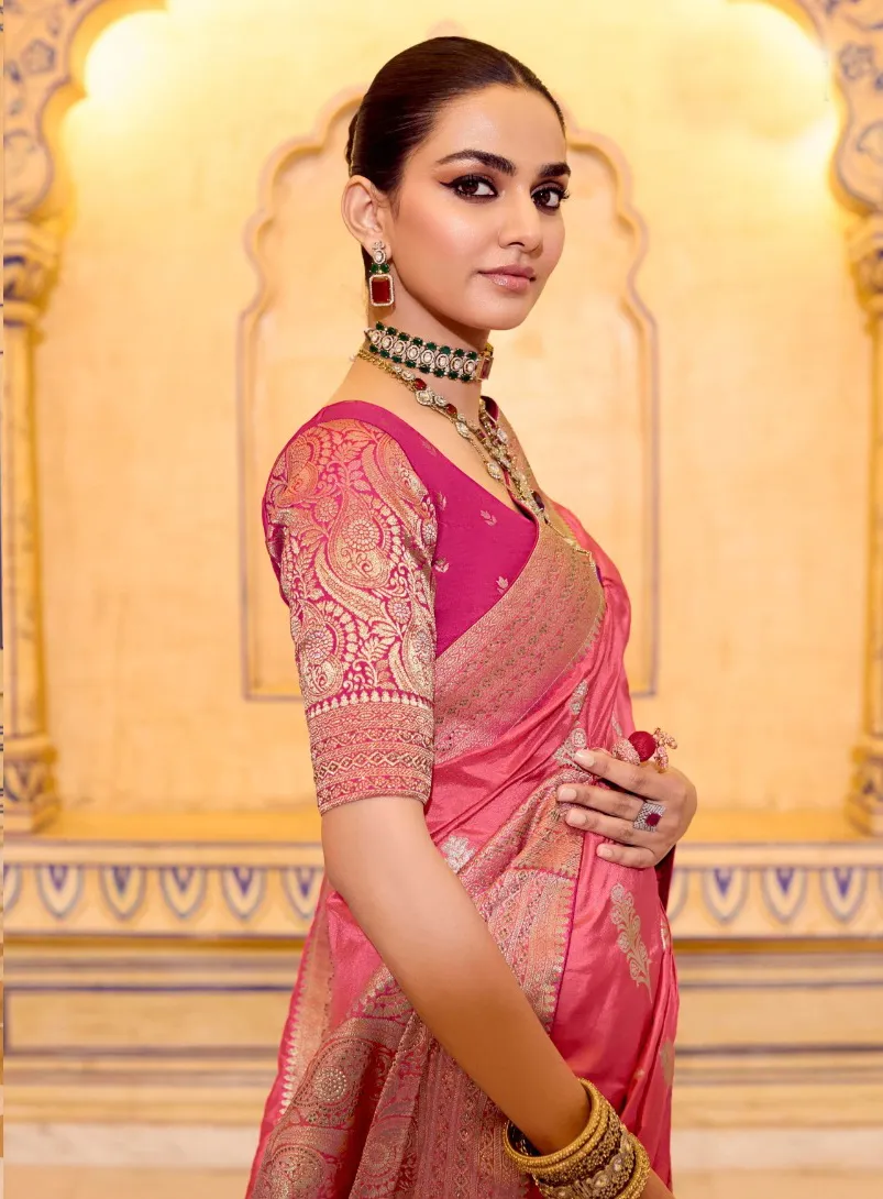 Peach Crepe Silk Zari Weaving Work Saree - Image 2