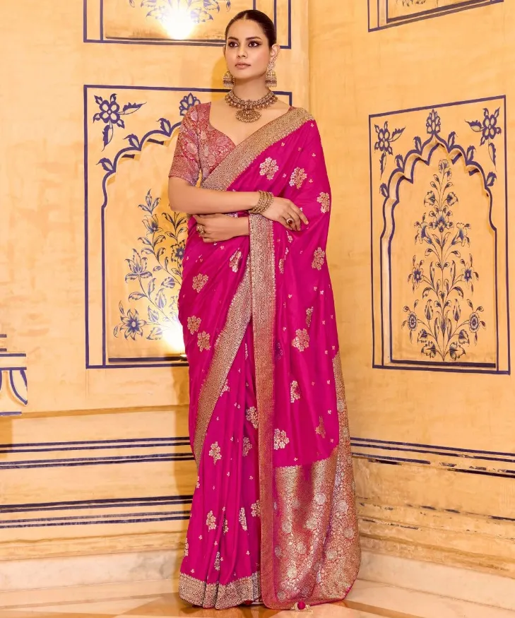 Magenta Crepe Silk Zari Weaving Work Saree