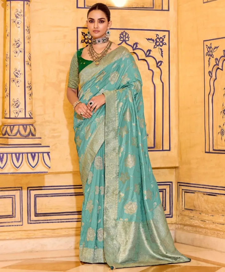Sky Blue Crepe Silk Zari Weaving Work Saree