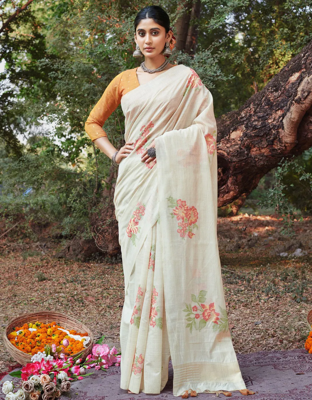 Cream and Orange Cotton Floral Printed Saree