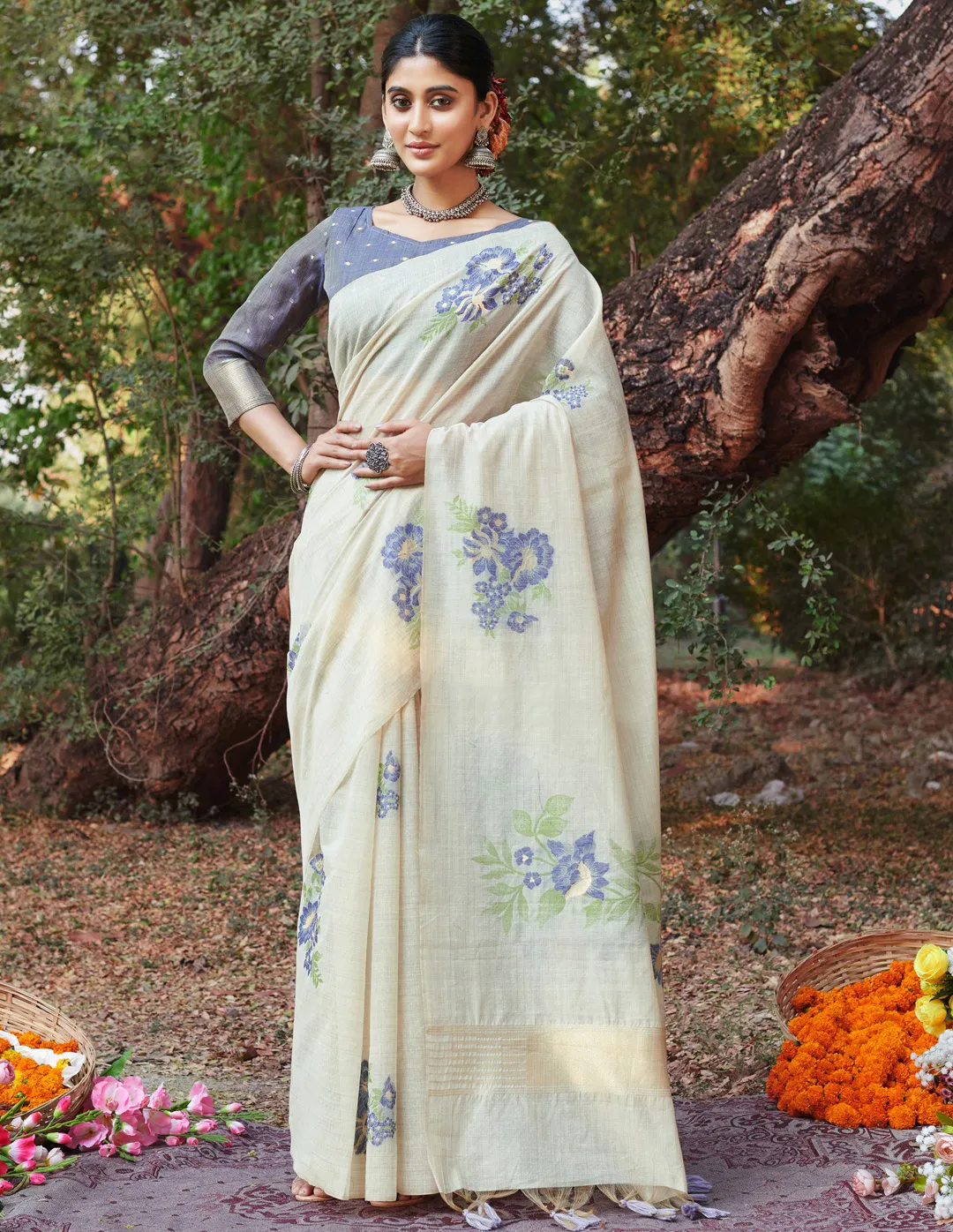 Cream and Charcoal Blue Cotton Floral Printed Saree