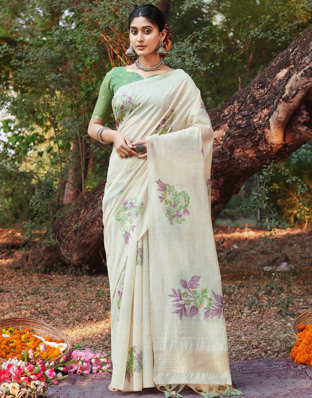 Cream and Green Cotton Floral Printed Saree