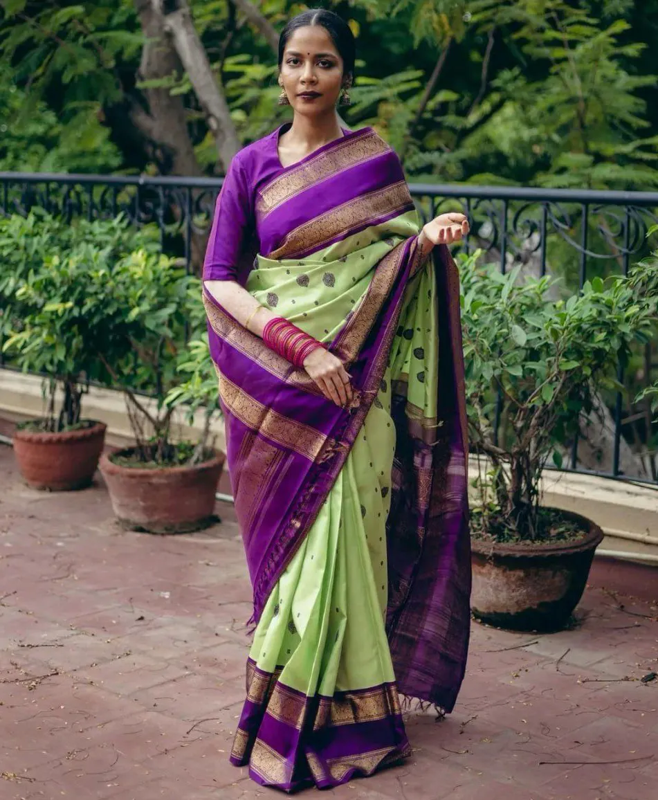 Light Green Soft Lichi Silk Jacquard Work Rich Pallu Saree