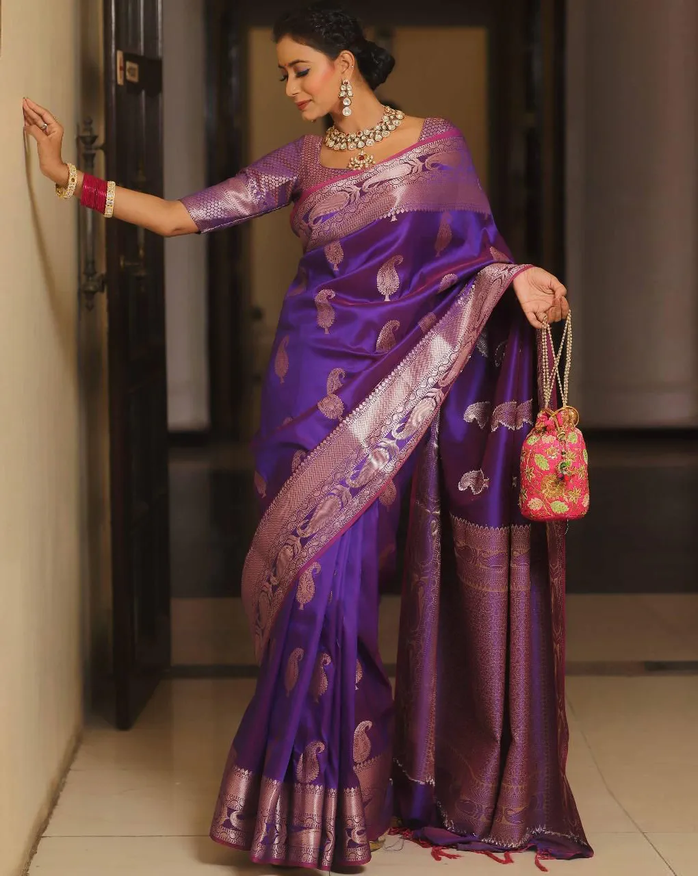 Purple Soft Lichi Silk Jacquard Work Rich Pallu Saree