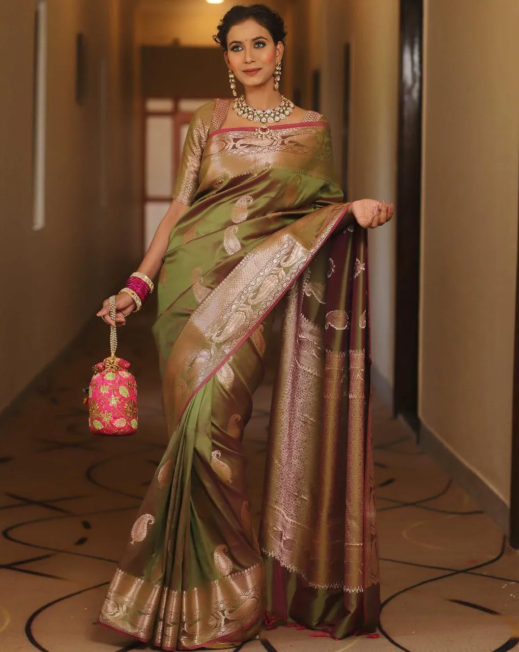 Olive Green Soft Lichi Silk Jacquard Work Rich Pallu Saree