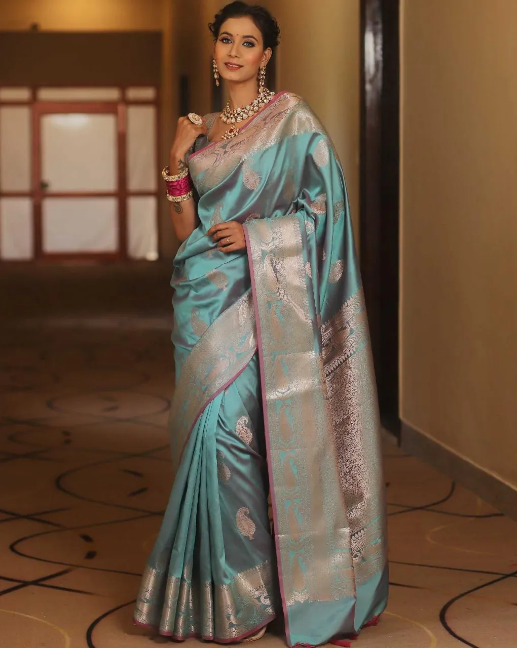 Sky Blue Soft Lichi Silk Jacquard Work Rich Pallu Saree