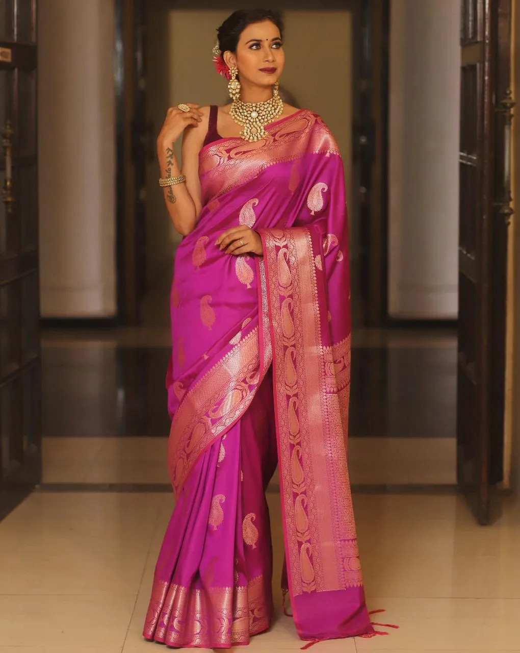 Magenta Soft Lichi Silk Jacquard Work Rich Pallu Saree