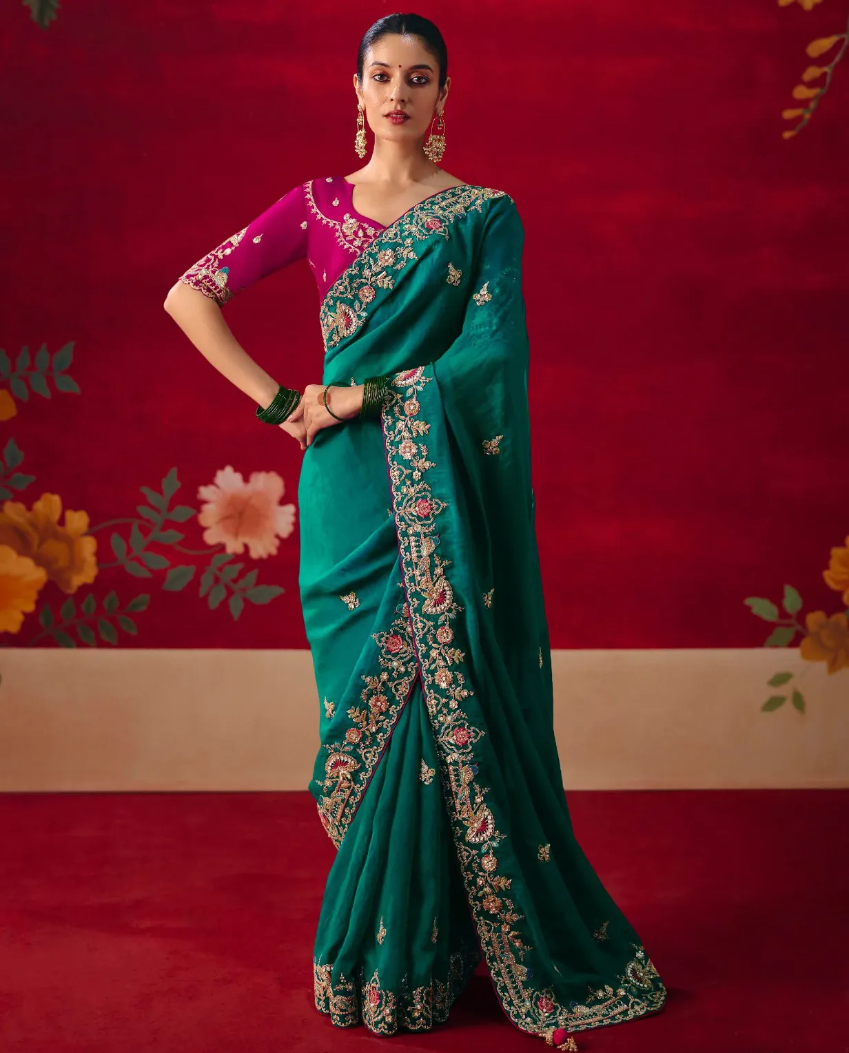 Teal Green Fancy Fabric Embroidered Designer Saree