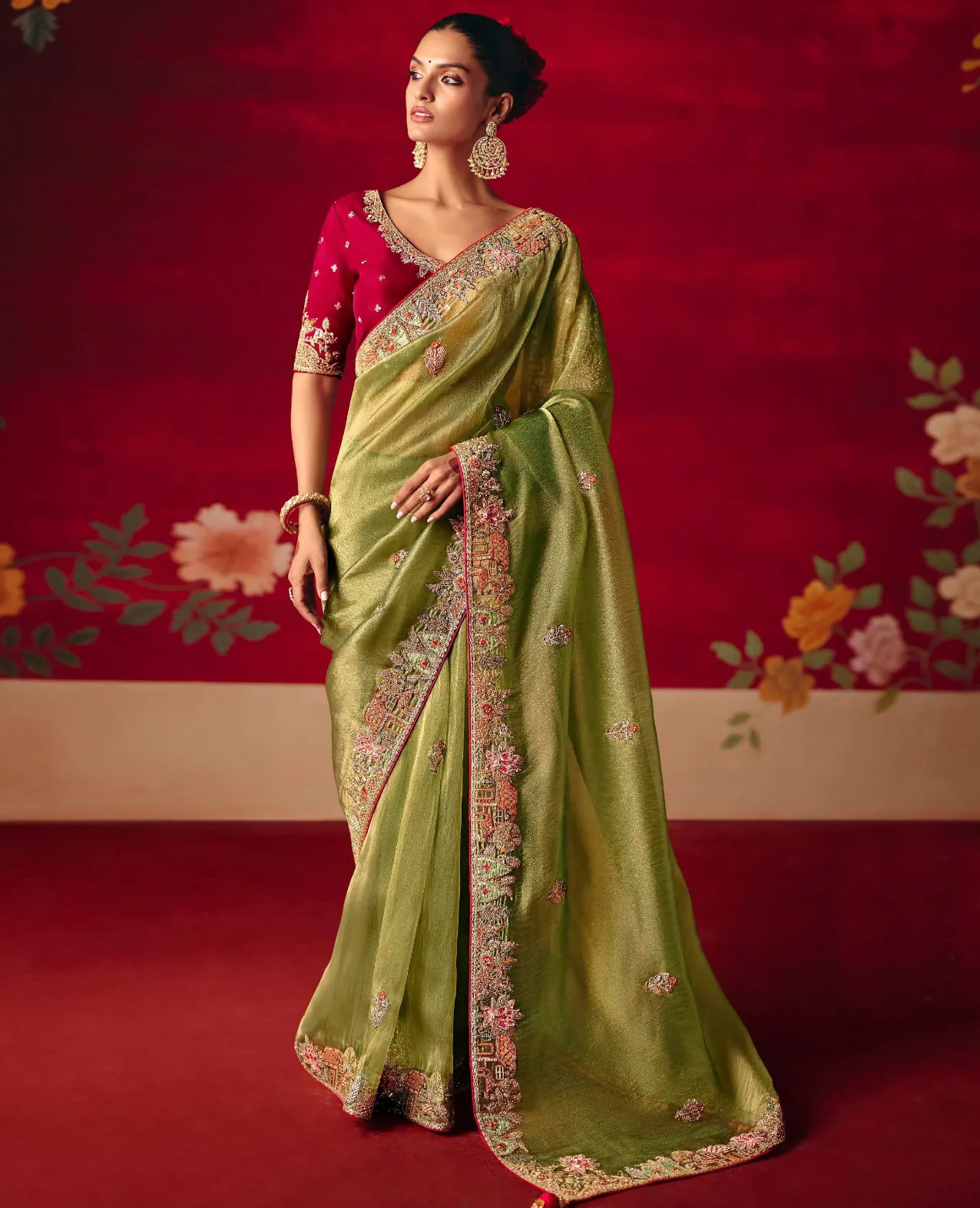 Olive Green Fancy Fabric Embroidered Designer Saree