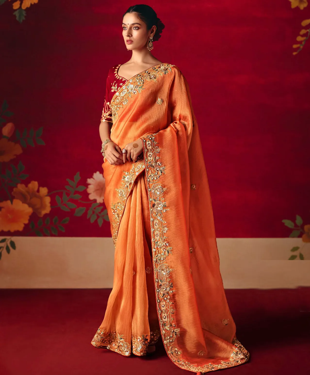 Orange Fancy Fabric Embroidered Designer Saree