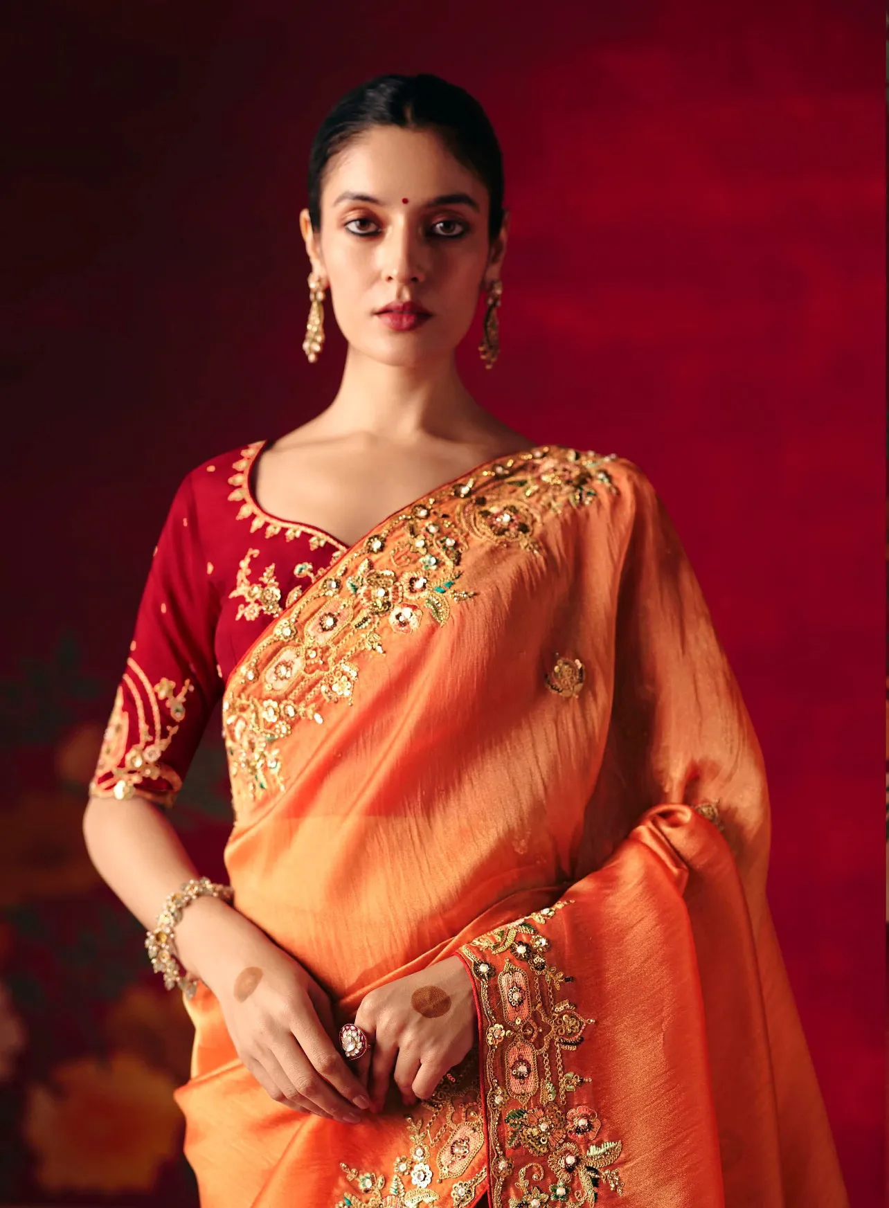 Orange Fancy Fabric Embroidered Designer Saree - Image 2