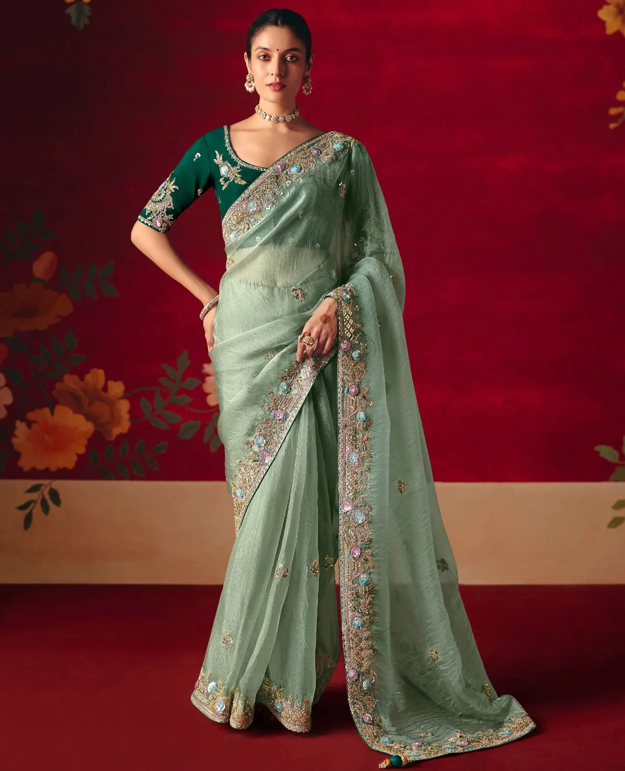 Mint Green Fancy Fabric Embroidered Designer Saree