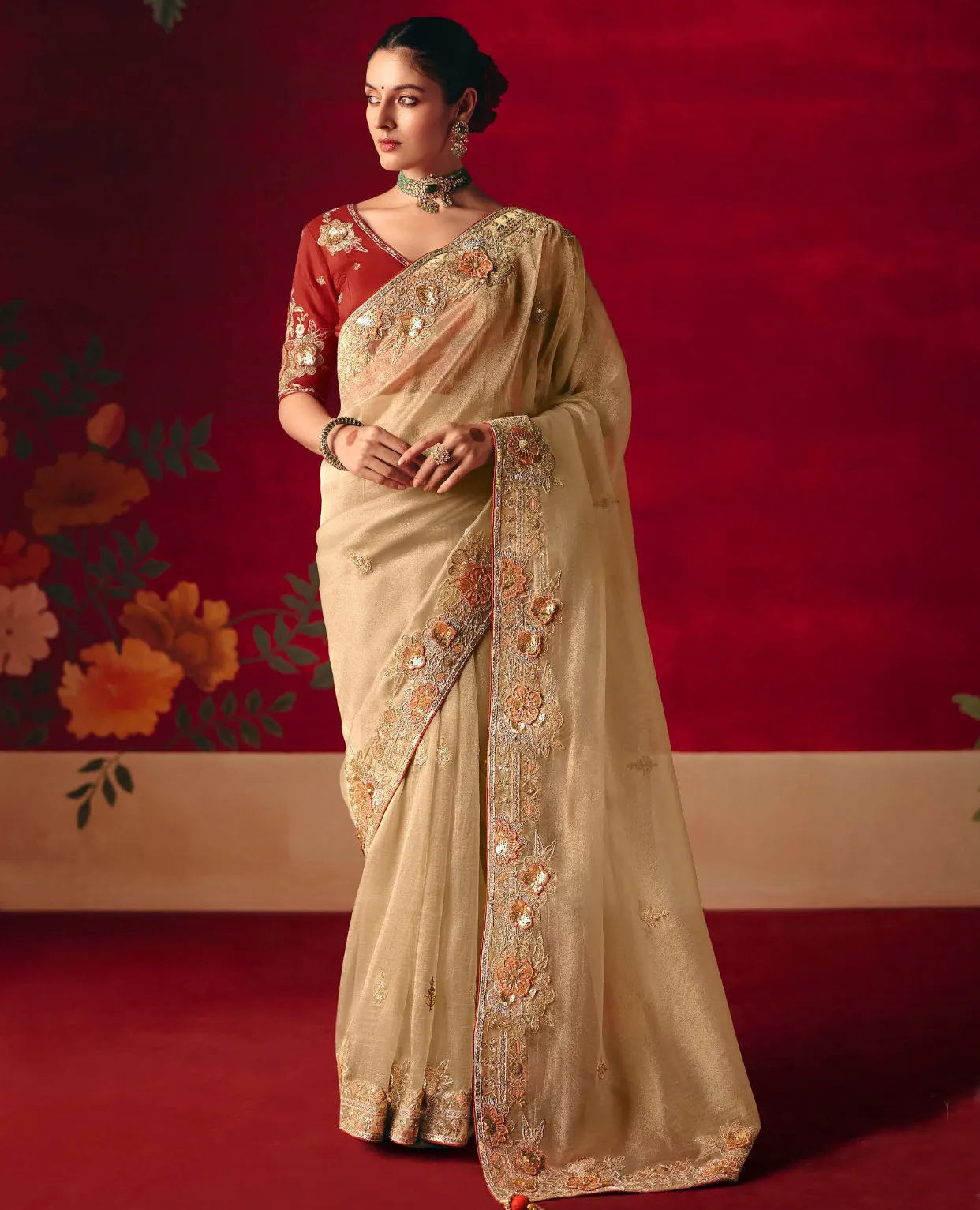 Cream Fancy Fabric Embroidered Designer Saree