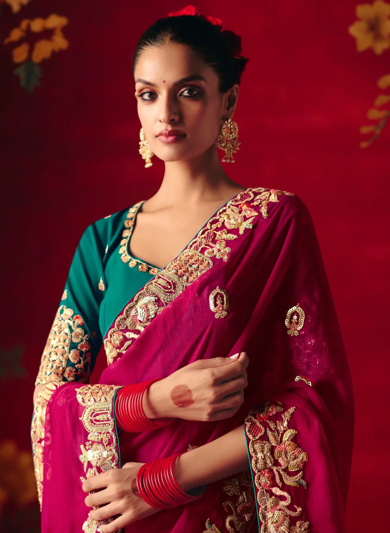 Red Fancy Fabric Embroidered Designer Saree - Image 2