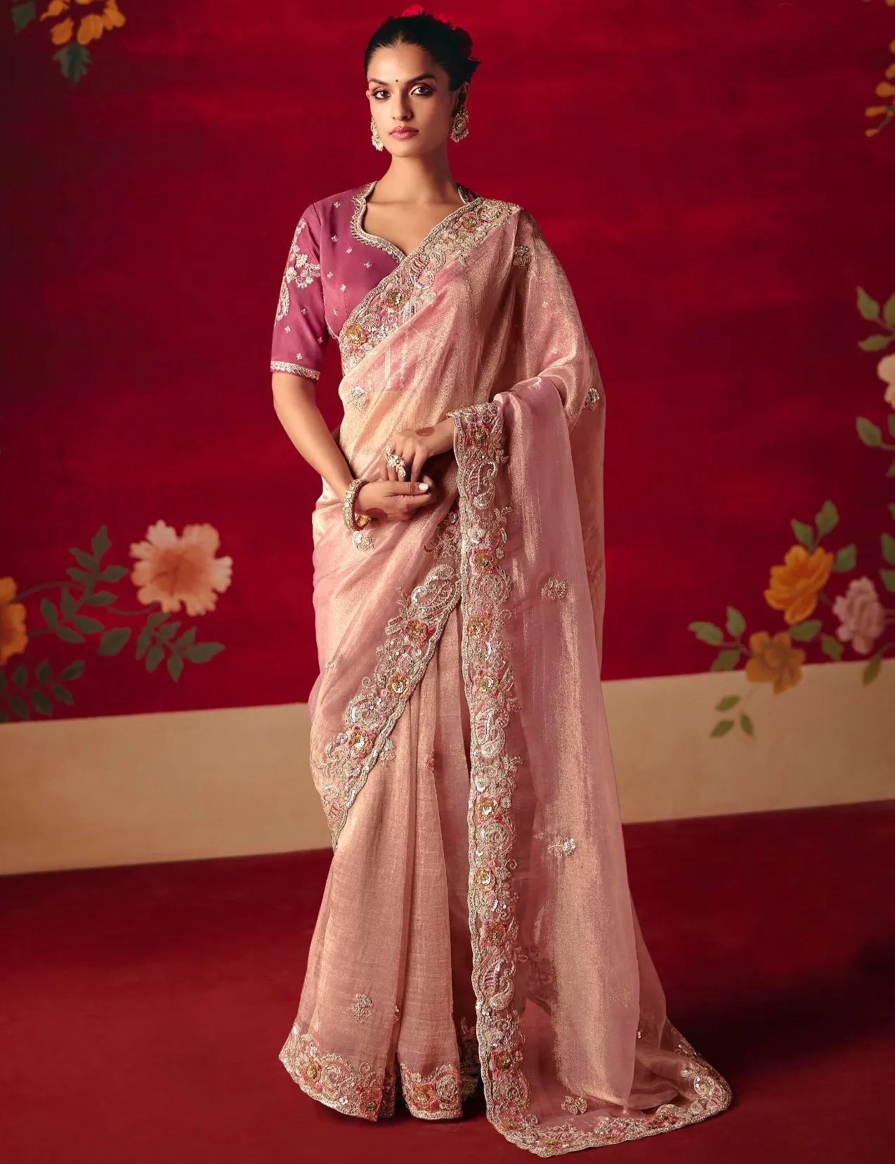 Peach Fancy Fabric Embroidered Designer Saree