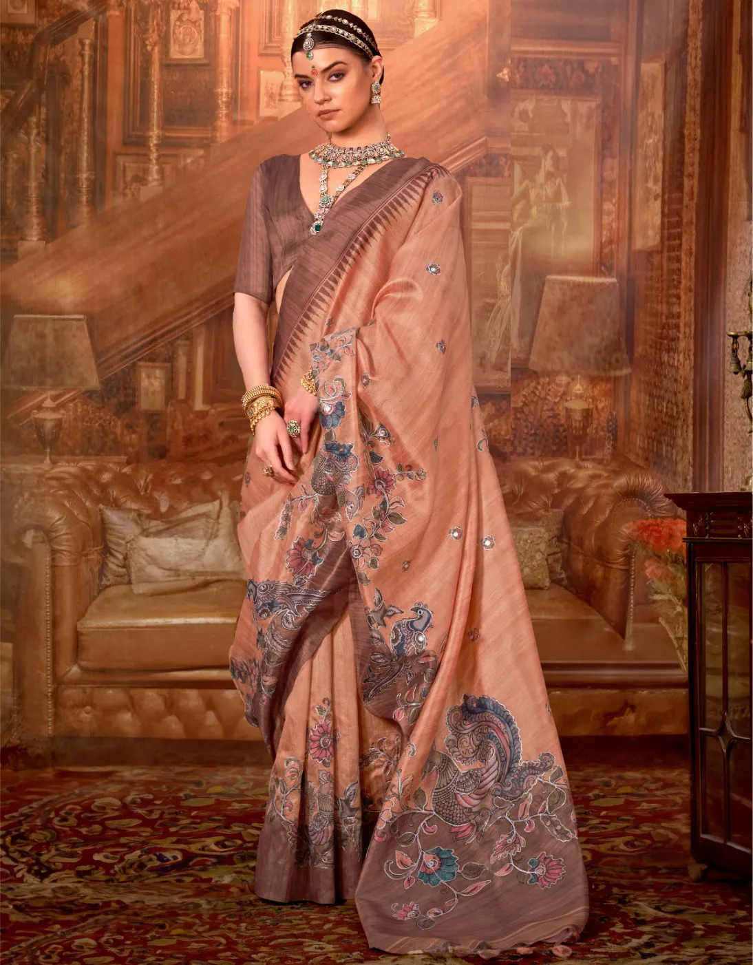 Peach Tussar P.V.Silk Kalamkari Design Hand Work Saree
