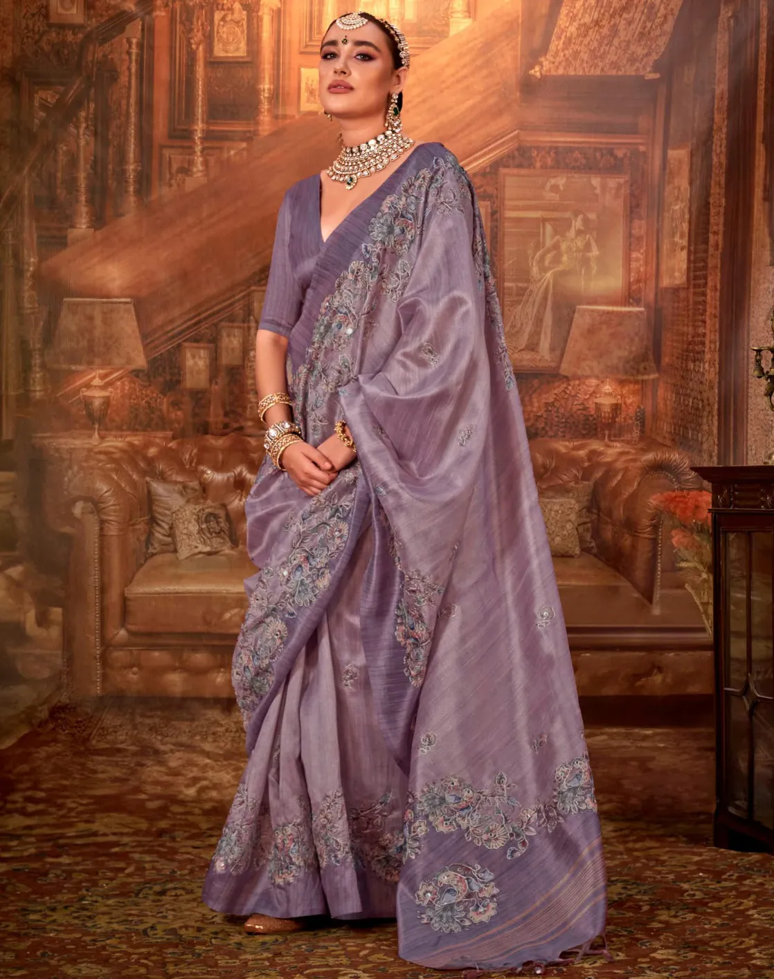 Violet Tussar P.V.Silk Kalamkari Design Hand Work Saree
