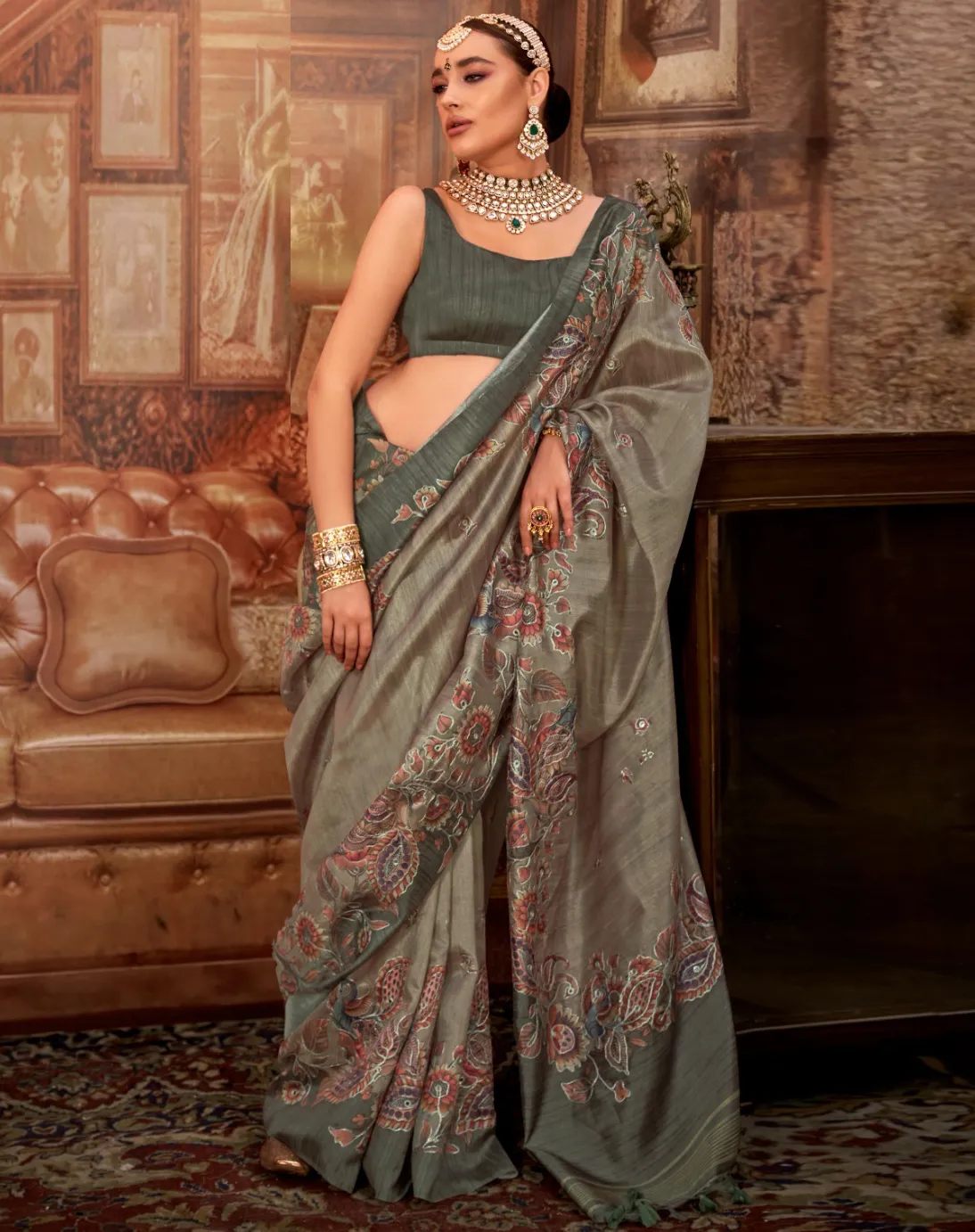 Olive Green Tussar P.V.Silk Kalamkari Design Hand Work Saree