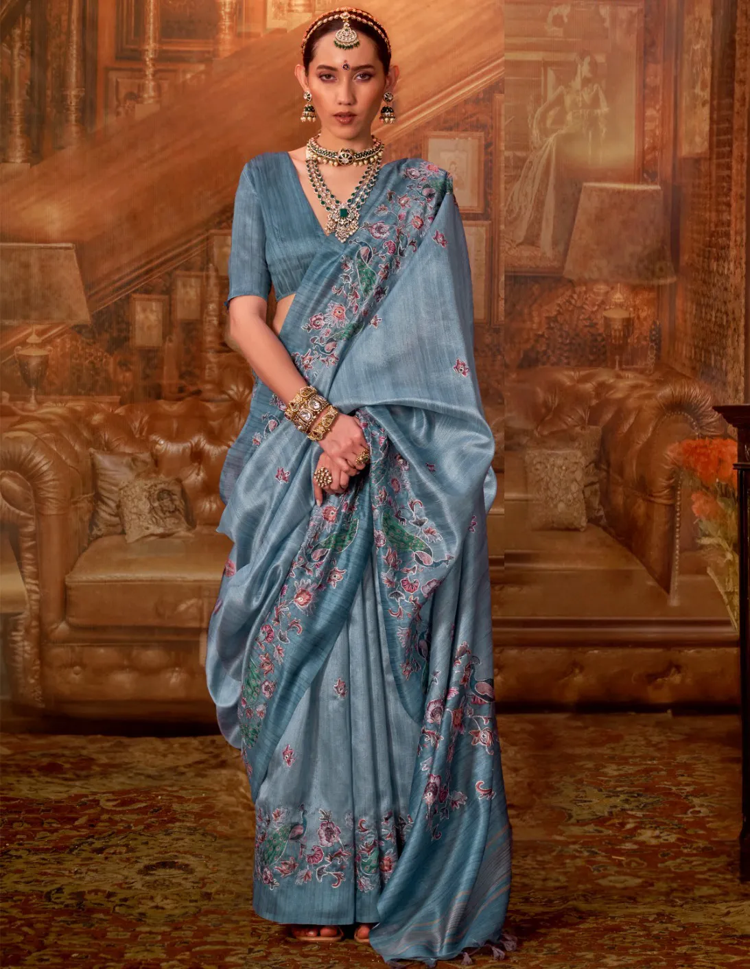 Blue Tussar P.V.Silk Kalamkari Design Hand Work Saree