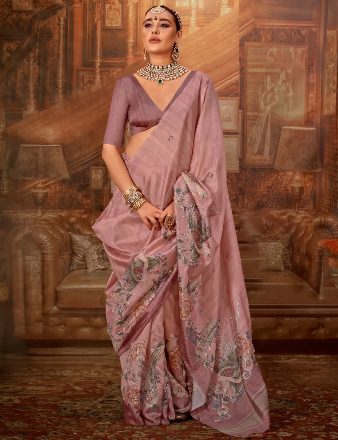 Pink Tussar P.V.Silk Kalamkari Design Hand Work Saree