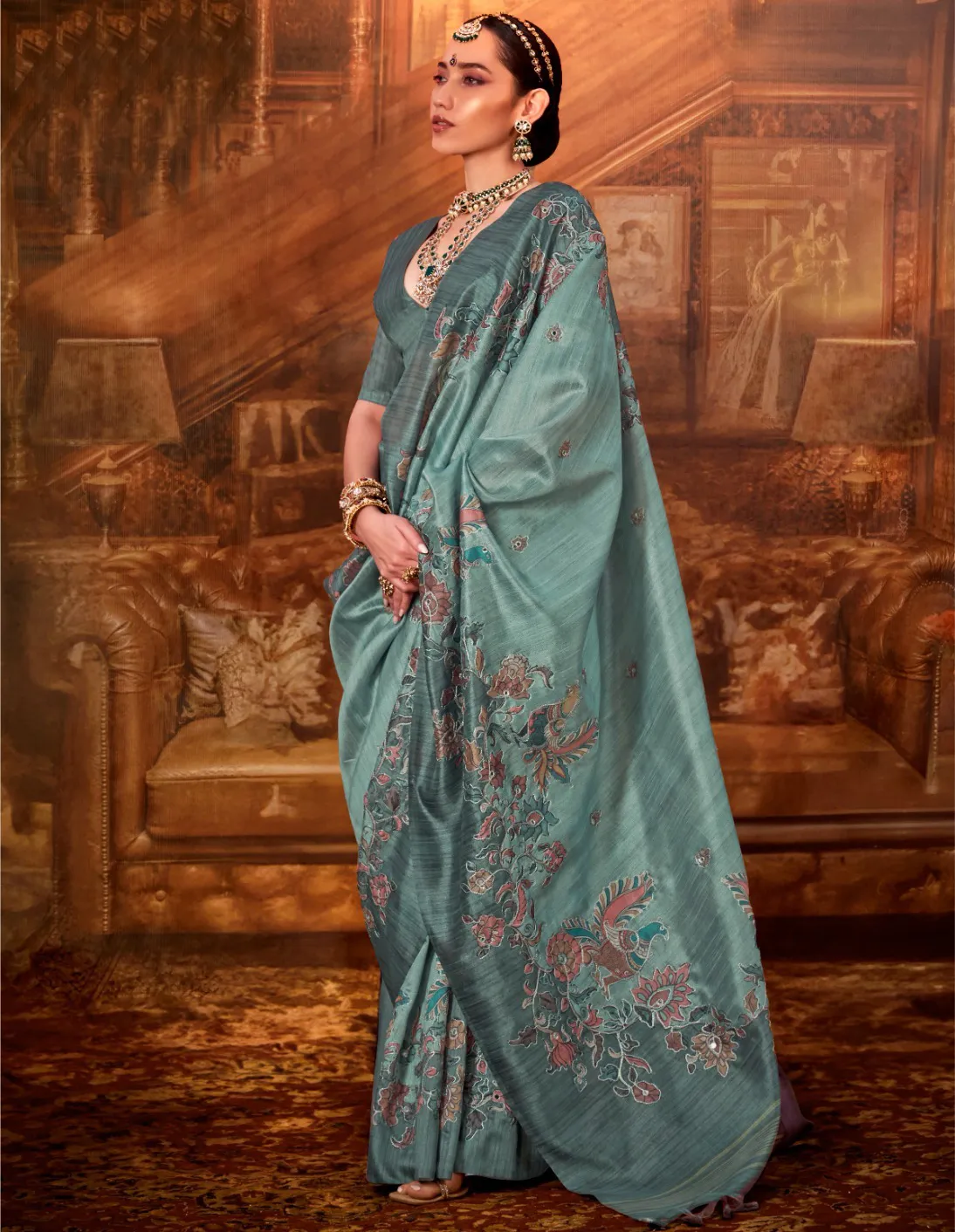 Sea Green Tussar P.V.Silk Kalamkari Design Hand Work Saree