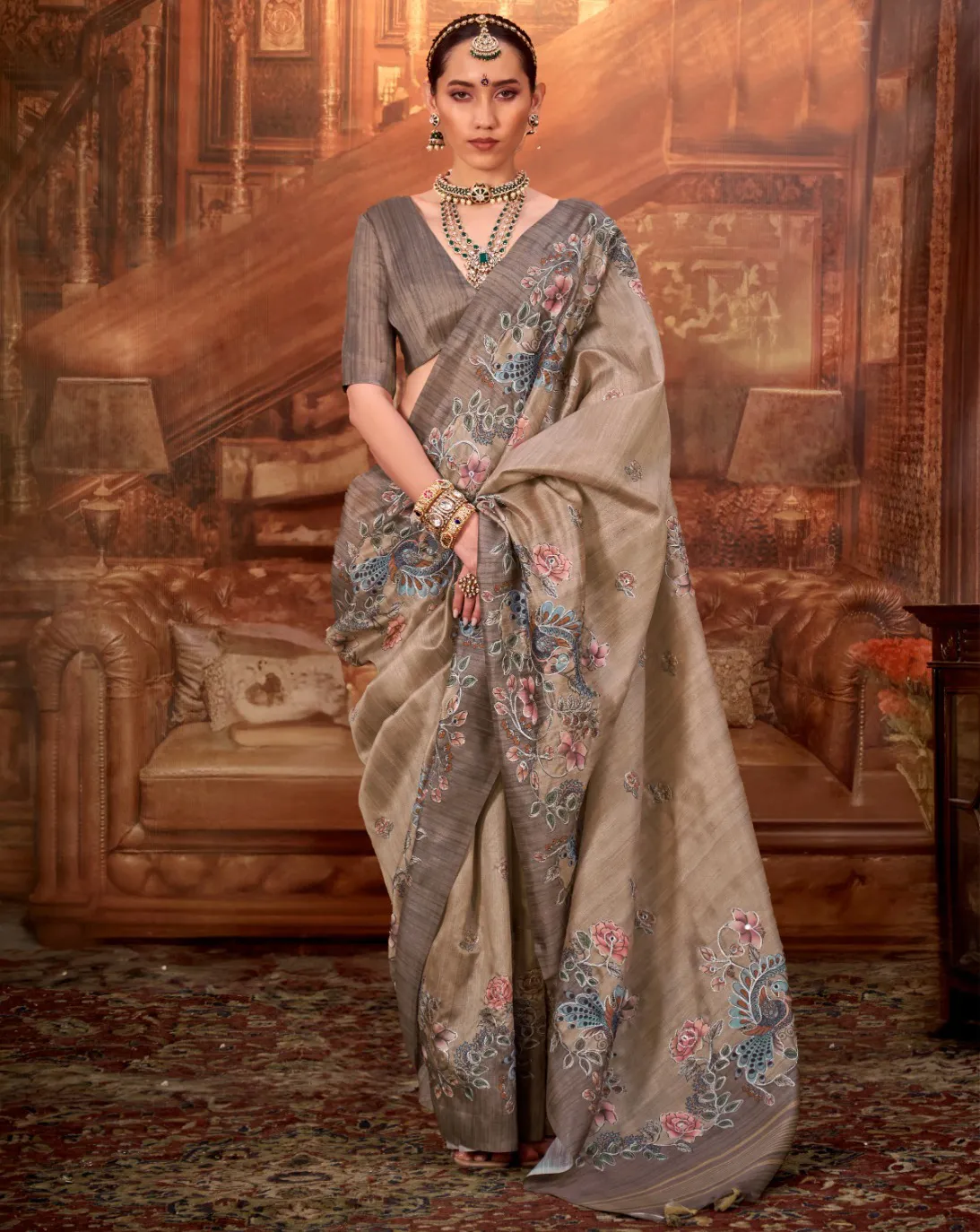 Brown Tussar P.V.Silk Kalamkari Design Hand Work Saree