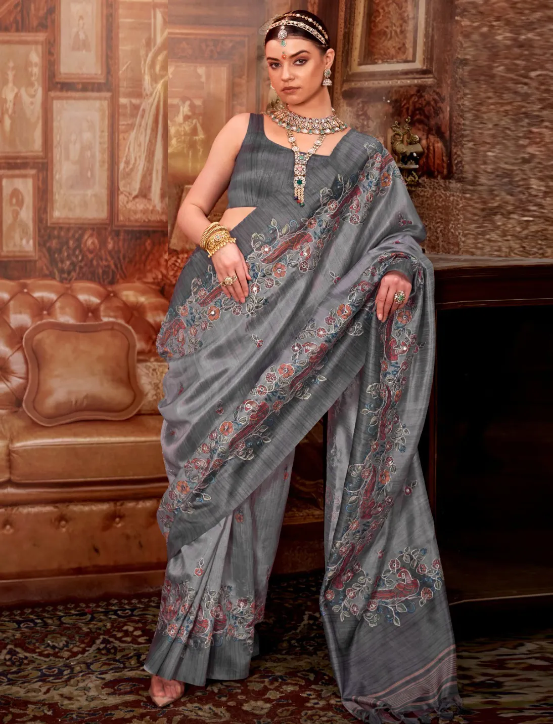 Grey Tussar P.V.Silk Kalamkari Design Hand Work Saree