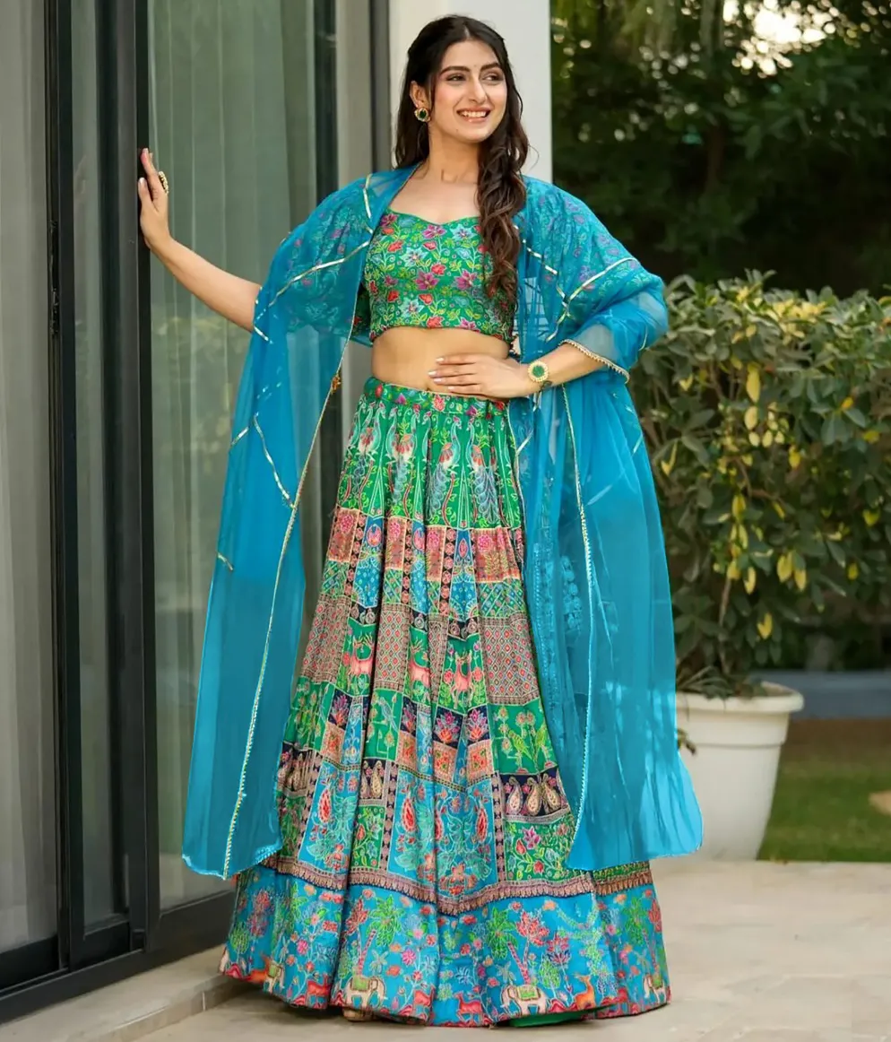 Green Silk Digital Printed Readymade Lehenga